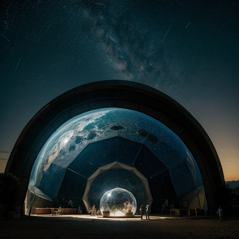 A curcus inside of a huge geo dome, the huge geo dome is in san miguel mexico surrounded by stars