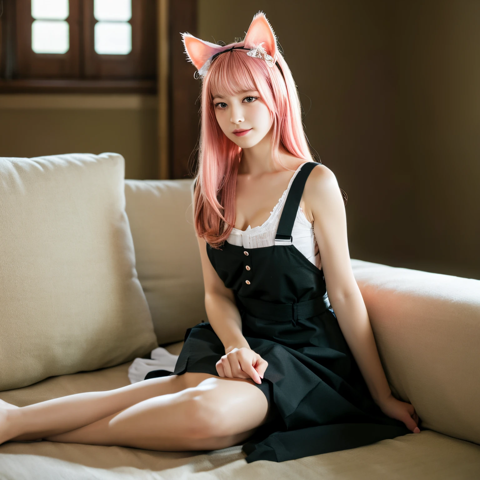 (((Detailed face))),The corners of the mouth are raised(Highest image quality), (The work of the master), Open your clothes(Detailed eye description), (8k wallpaper),nigth,Dim lighting,Riman (inside in room),Mouth open, Cat Girl,Cat ears,(Pink hair:1.25),,(Green eyes:1.23),(Ring-shaped eyes:1.1),((tareme)),mediating_Eyes,(A light blue bow tie is attached to the neck.), (1980s), (Detailed face description),( Shy)),(Detailed face),Eyes half closed,low head, (((PINK SHIRT))),(Black pleated skirt),(black lence stockings:1.1), Black garter belt,(Black bow),thighband,Unbutton the chest,Open your clothes,Overalls skirt for sitting and sleeping,long legged,Oversized bust,Large breasts,Raw photo,barechested
((((Detailed facets)))),