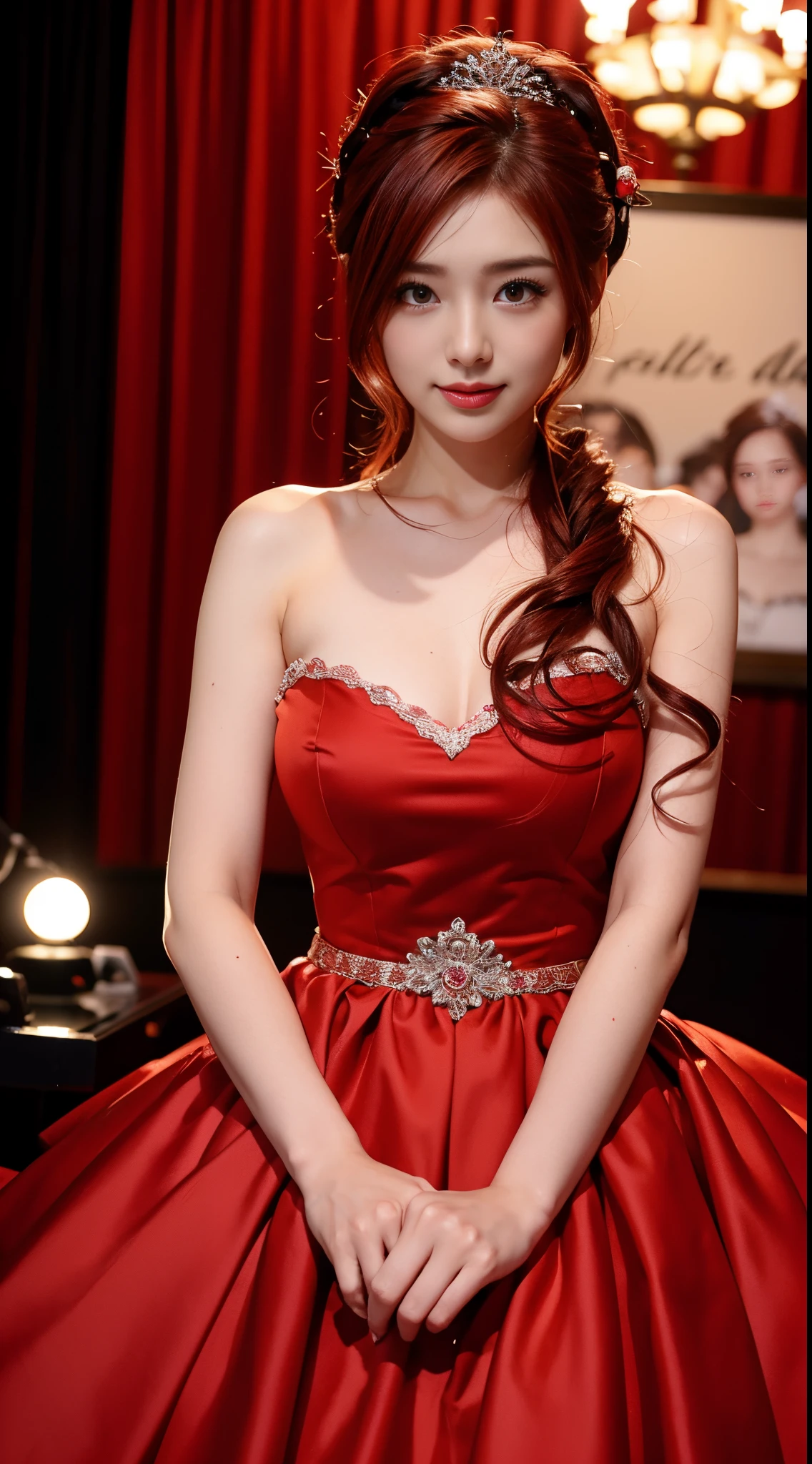Seiko Matsuda、rose ruffle wedding dress、Idol、red hairs、red glitter eyeshadow、Dark eyeliner、Red dress、Rose Motif Dress、Japan person hairstyles、Gorgeous Stage、Smokexxx、red lights、top-quality