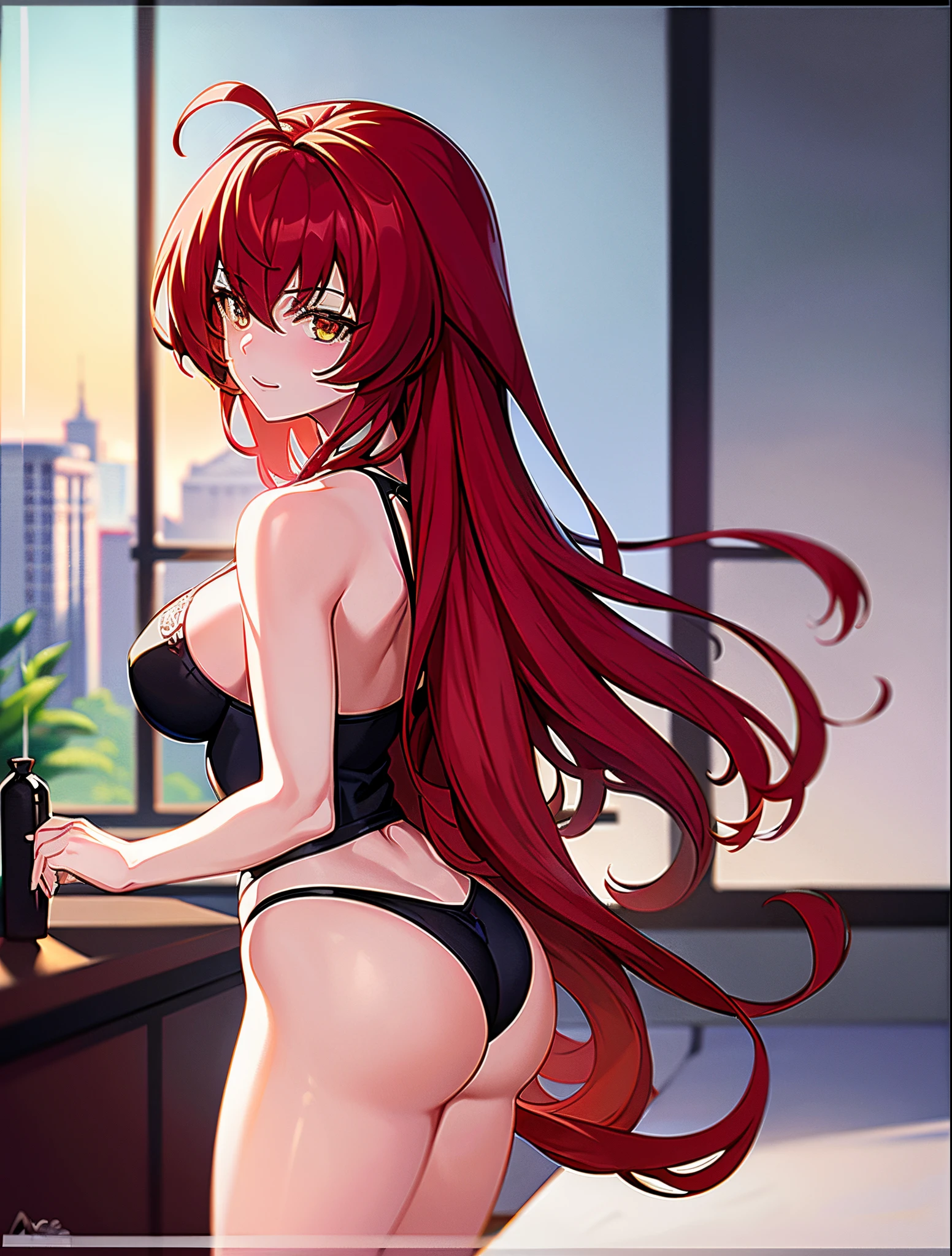 obra maestra, mejor calidad, highres, rias gremory, 1girl, pelo largo, pelo rojo, ahoge, ojos azules, pechos grandes, pelo muy largo, pechos, enorme ahoge, dormitorio, bikini