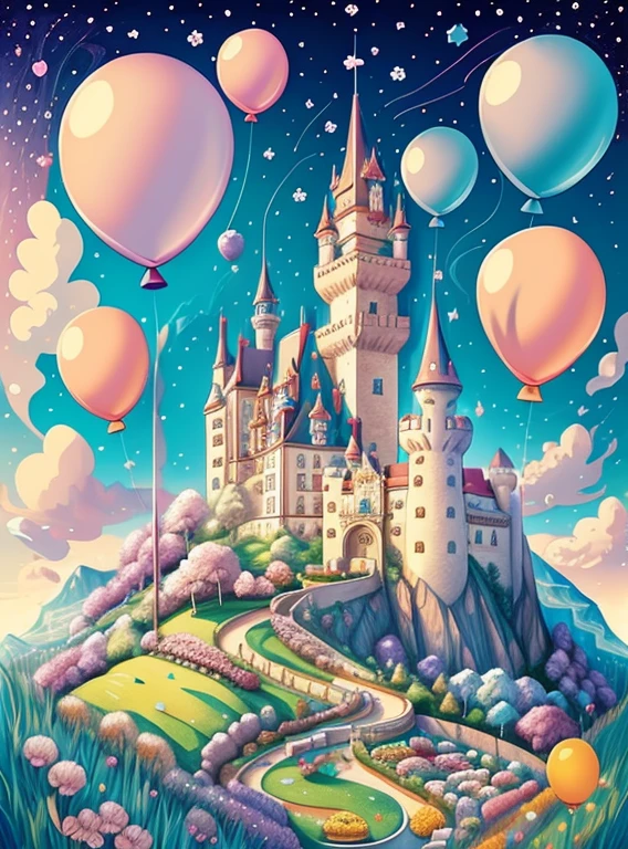 (cute castle with flowers and ballons), Munchkin ,Geometric multidimensional wall portrait, livro de arte, Tchibi,
Yang08k, Beautiful, Colouring,
Obras, of the highest quality, best quality, Arte Oficial, Beautiful and Aesthetic,