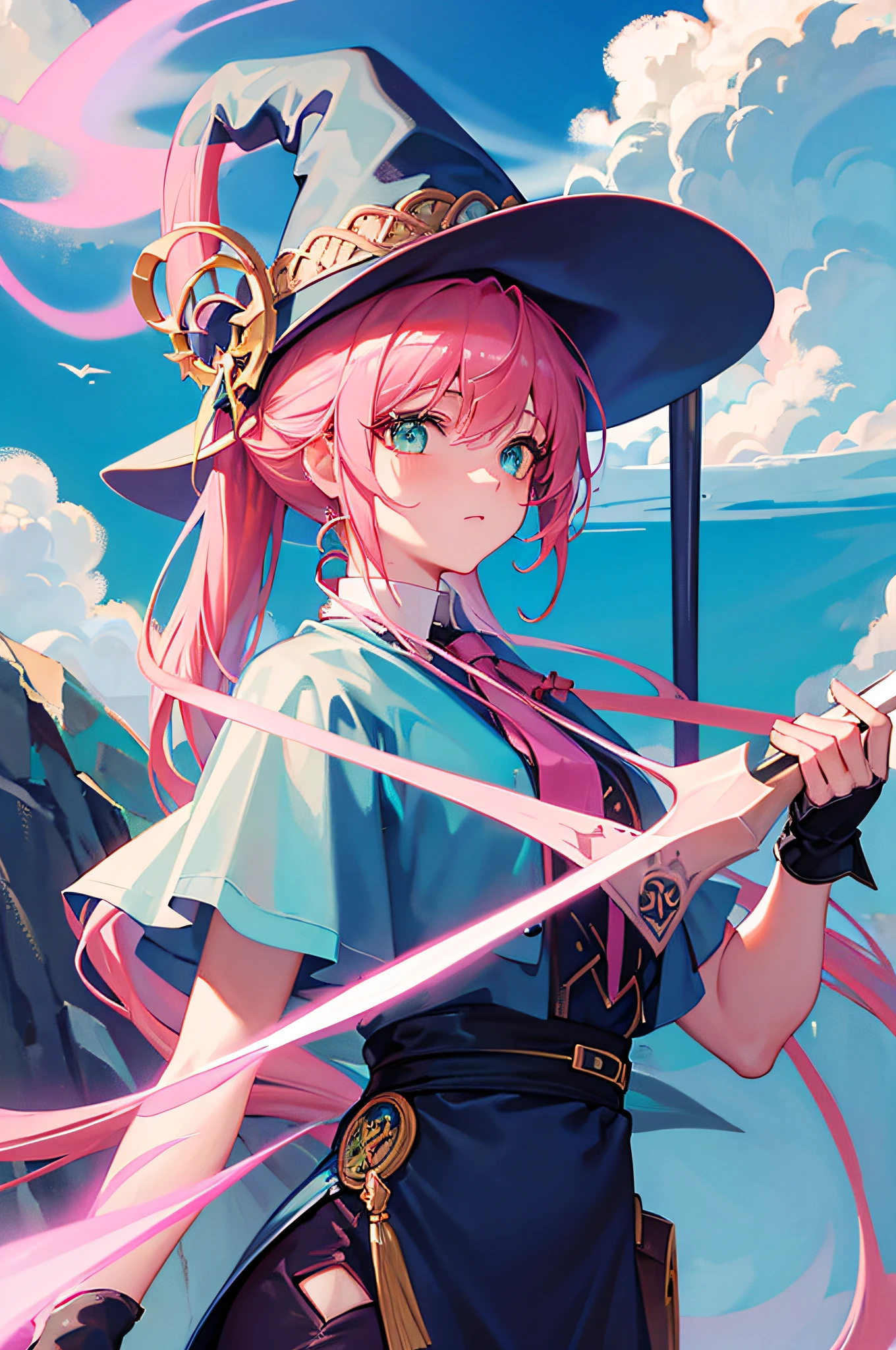 4K,hight resolution,One Woman,Pink hair,poneyTail,Green eyes,Sorcerer,bright blue sacred rope,Wizard Hat,Black Gloves,Sorcerer's Wand,uni