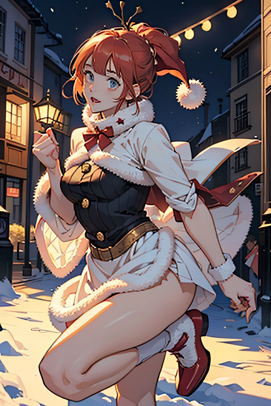 "cute girl santa claus, Red shoes, Illustrations, Ultra-detailed, hightquality (Best Quality, 4K, 8K, hight resolution, masutepiece:1.2), Portrait, Vivid colors, Warm tones, Realistic (Photorealsitic:1.37), Festive atmosphere, jingle bell, Yuki, Cozy winter scene, Joyful expression, Playful posture, Winter wonderland, Soft lighting, dreamy ambiance"