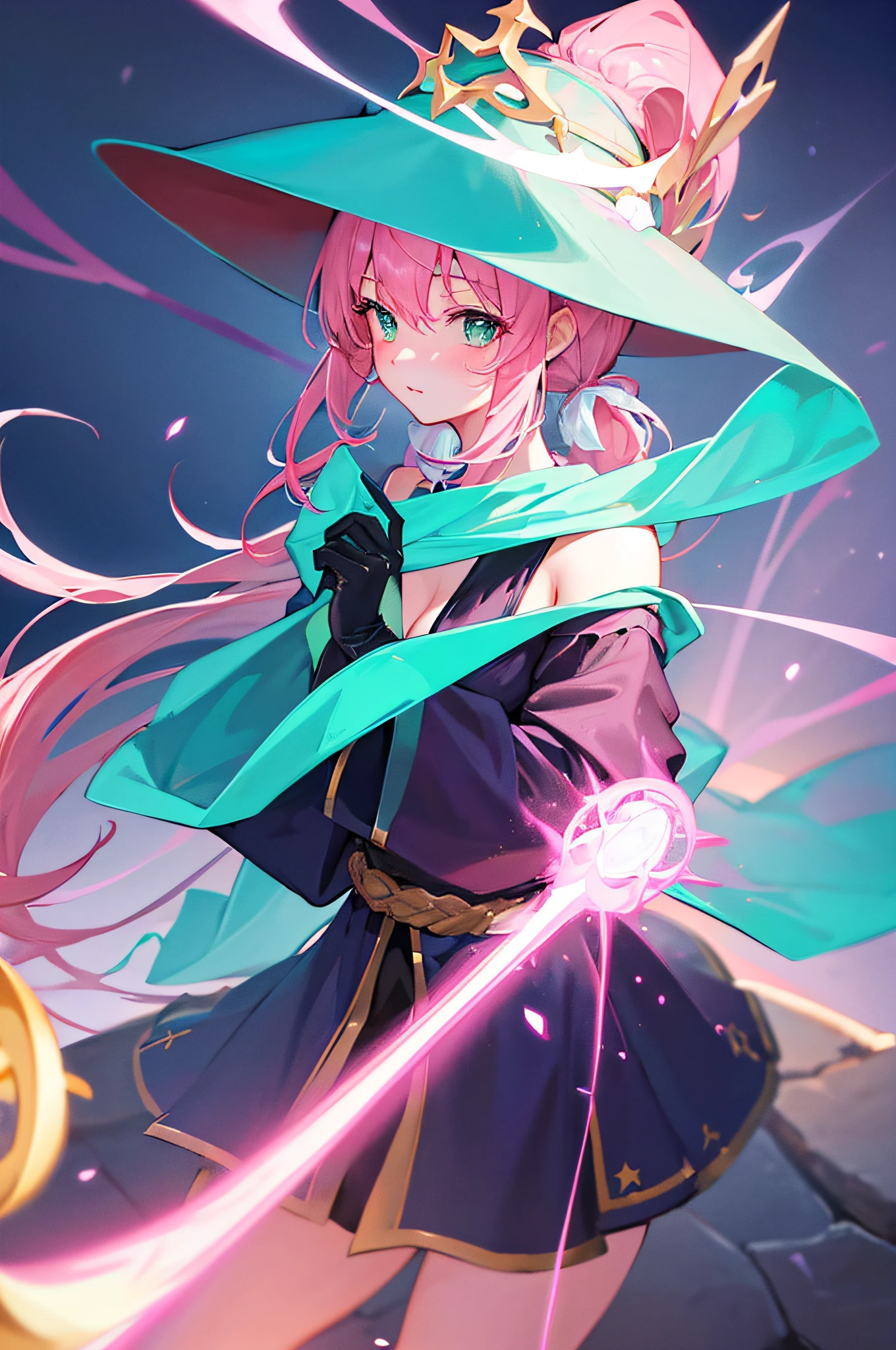 4K,hight resolution,One Woman,Pink hair,poneyTail,Green eyes,Sorcerer,bright blue sacred rope,Wizard Hat,Black Gloves,Sorcerer's Wand,medieval village