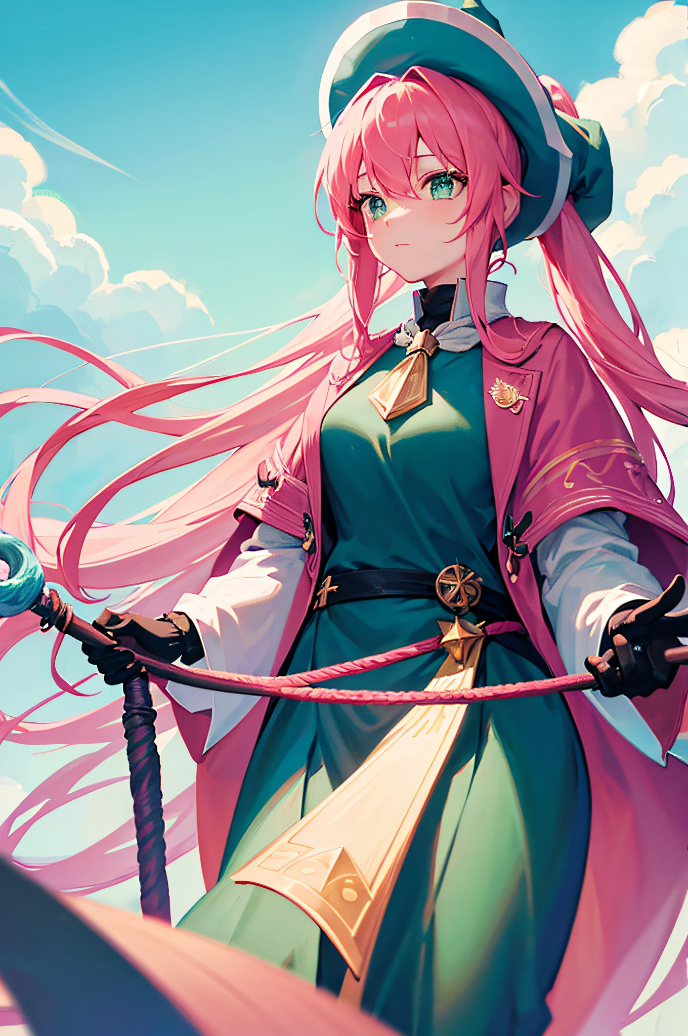 4K,hight resolution,One Woman,Pink hair,poneyTail,Green eyes,Sorcerer,bright blue sacred rope,Wizard Hat,Black Gloves,Sorcerer's Wand,uni