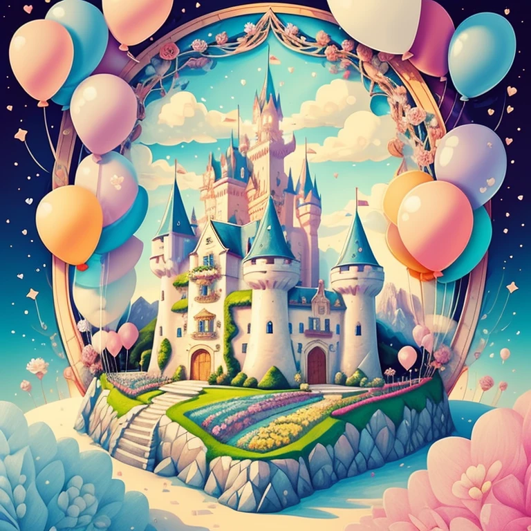 (cute castle with flowers and ballons), Munchkin ,Geometric multidimensional wall portrait, livro de arte, Tchibi,
Yang08k, Beautiful, Colouring,
Obras, of the highest quality, best quality, Arte Oficial, Beautiful and Aesthetic,