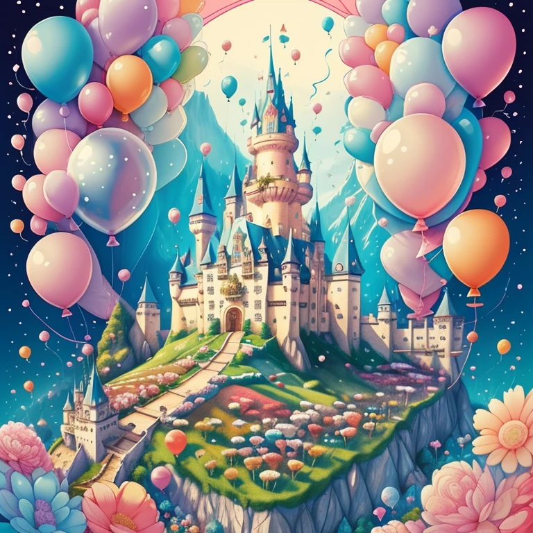 (cute castle with flowers and ballons), Munchkin ,Geometric multidimensional wall portrait, livro de arte, Tchibi,
Yang08k, Beautiful, Colouring,
Obras, of the highest quality, best quality, Arte Oficial, Beautiful and Aesthetic,