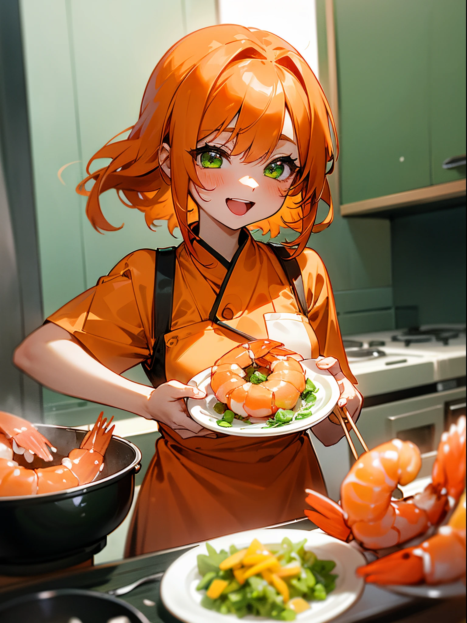 (1girl in、独奏、Competing Art、Orange hair、large round green eyes、Laugh、Cooking in the kitchen、Cooking shrimp on a plate)