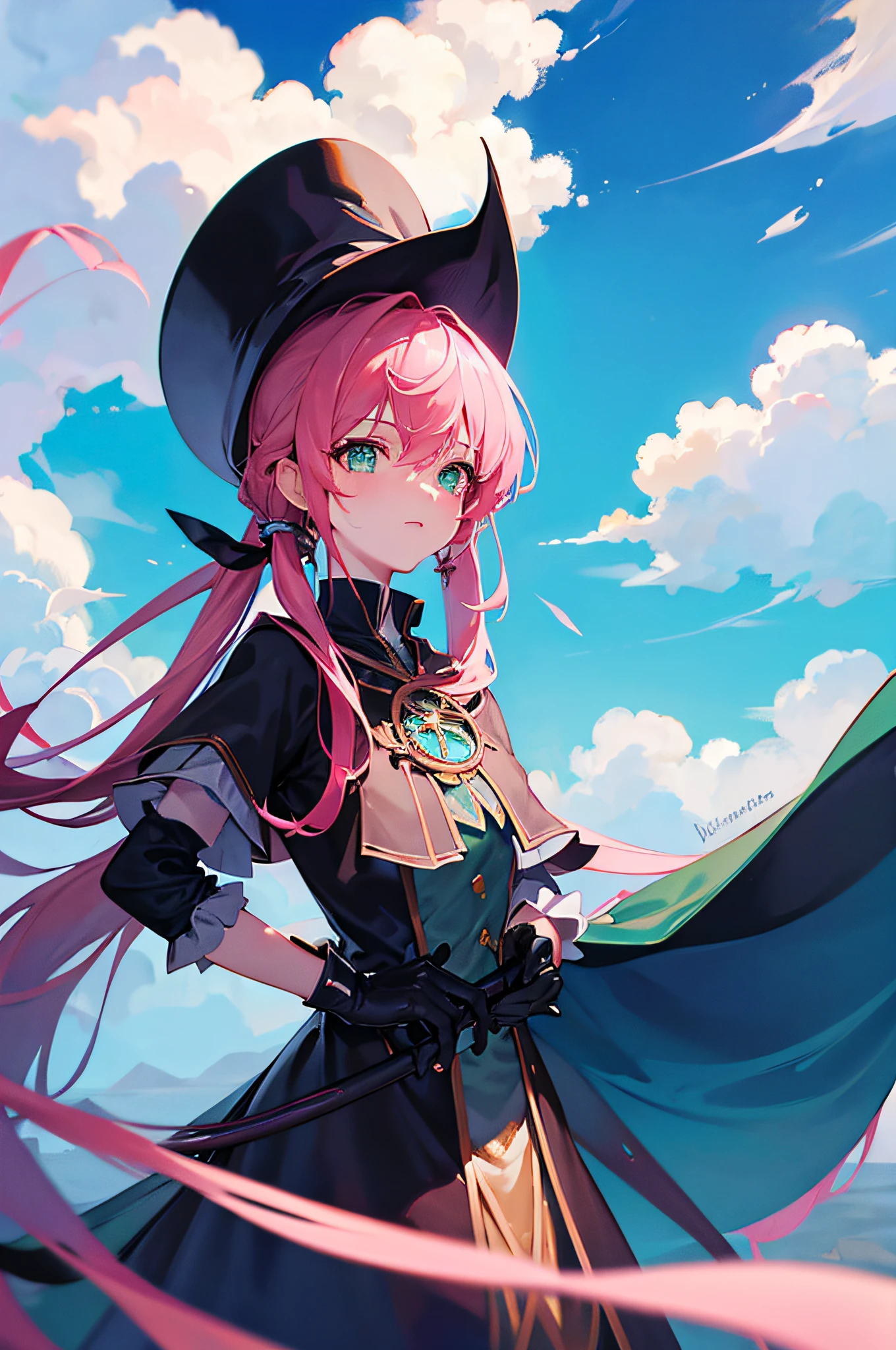 4K,hight resolution,One Woman,Pink hair,poneyTail,Green eyes,Sorcerer,bright blue sacred rope,Wizard Hat,Black Gloves,Sorcerer's Wand,uni