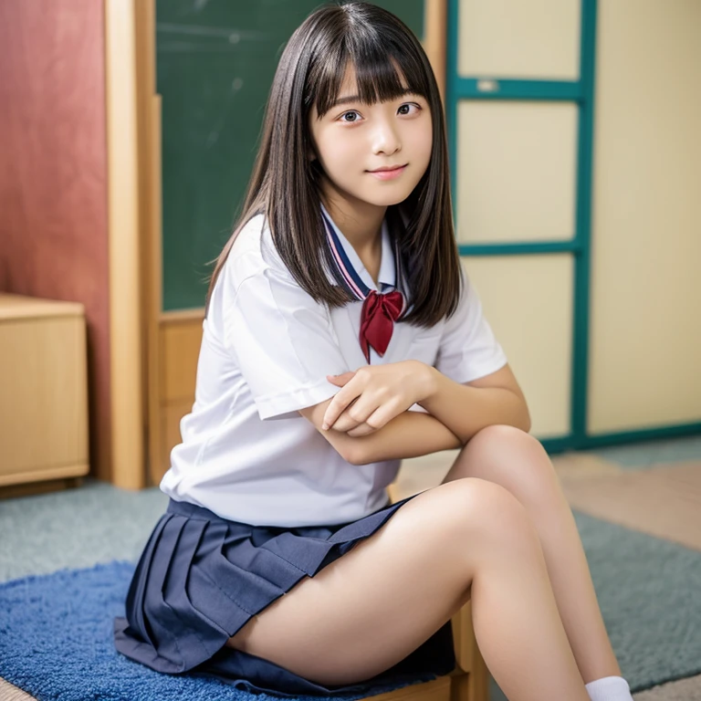 An ultra-high picture quality、Perfect Photo、Beautiful 16 year old girl、Beautiful japanese girl、One Junior High School Girl、light skinned、slender、Black Haired Beautiful Girl、cute little、school uniform student pleated mini skirt、(tiny chest)、(((anterior part of the anus)))、((((Posture of holding both knees with both arms))))、(((Triangular sitting)))、(((Physical education sitting)))、(((Slightly open mouth)))、With bangs、sports hair、Straight hair、(Teary-eyed)、inside in room、(((anus)))、