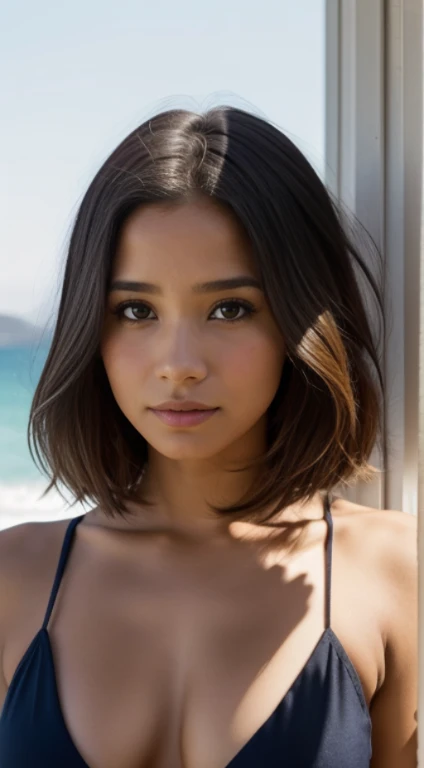 Foto hiperrealista no primeiro plano de Kelsey Asbille (Nativo americano ((Pele clara e escura))), master part, melhor qualidade, (fotorrealista:1.4), vestindo bikine brasileiro, de costa para foto no frio do Canada, na neve, Cinematic light, Beautiful woman, magro, seios grandes e grandes, cabelo longo preto, Rosto detalhado, sorrir, Facing the camera, Photo taken from a distance, idade de 35 anos