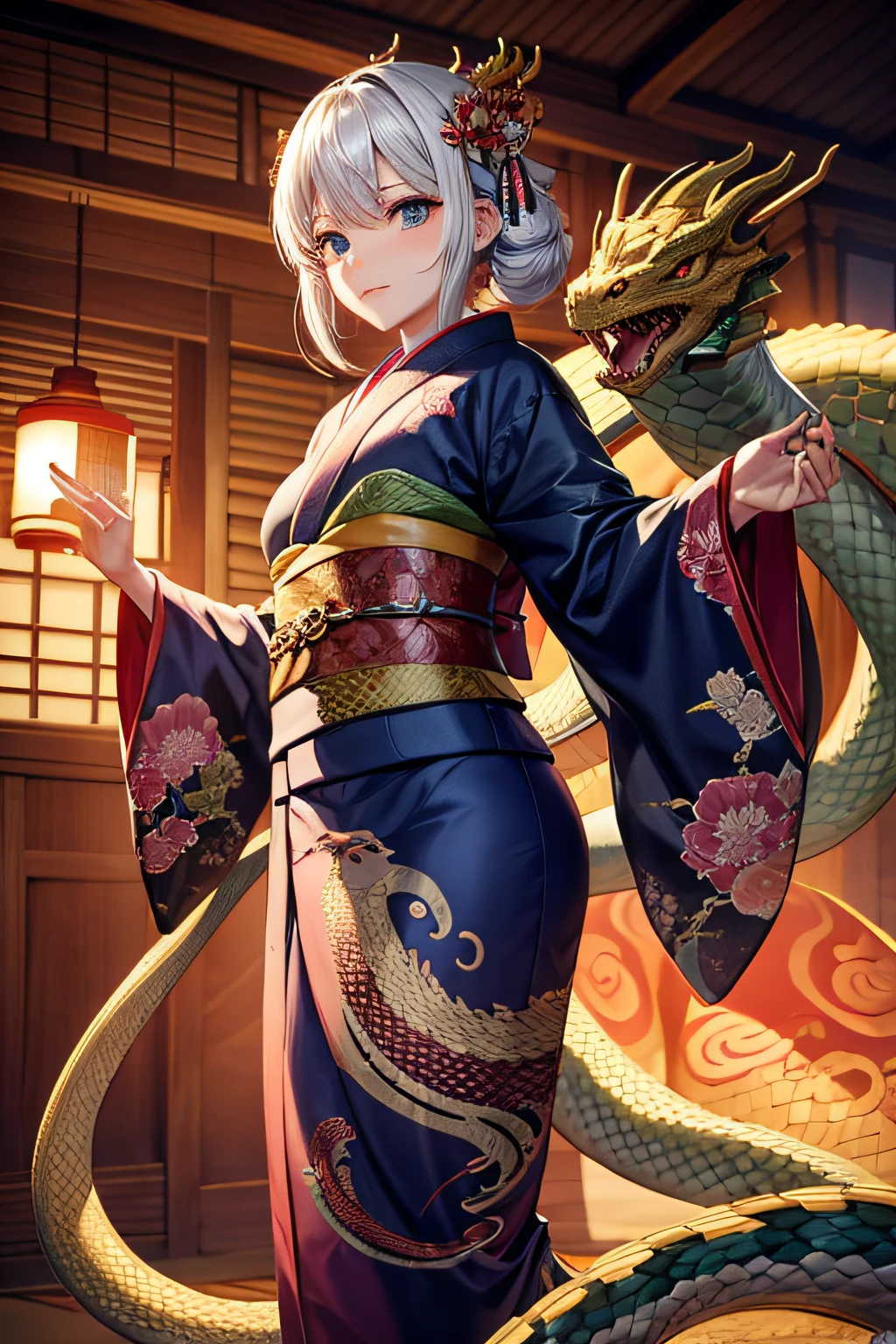 Wearing a snake dragon kimono, Dragon embroidery, Snake dragon,