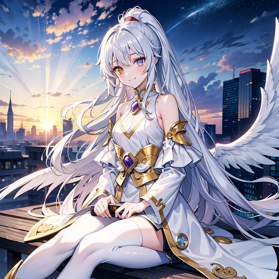 girl, long silver hair, Part of the hair  gathered in a high ponytail, Heterochromia, The left eye orange, purple right eye, big breastes, The Monkey King's Armor, open torso, clouds beneath your feet, Masterpiece, hiquality, 4k, HD, Good detail. Beautiful anime angel girl sitting on the roof of a skyscraper looking into the distance not on cameraman, clear sky, maximalist art, smile without teeth, clouds, line drawing, white dress, no sense of light, small head, beautiful composition, healing, in the distance is a city of skyscrapers, silver and long hair, wings, 8k, smile without teeth, sunset and stars in the sky, in anime manhwa style, stargazing, traditional angel wearing