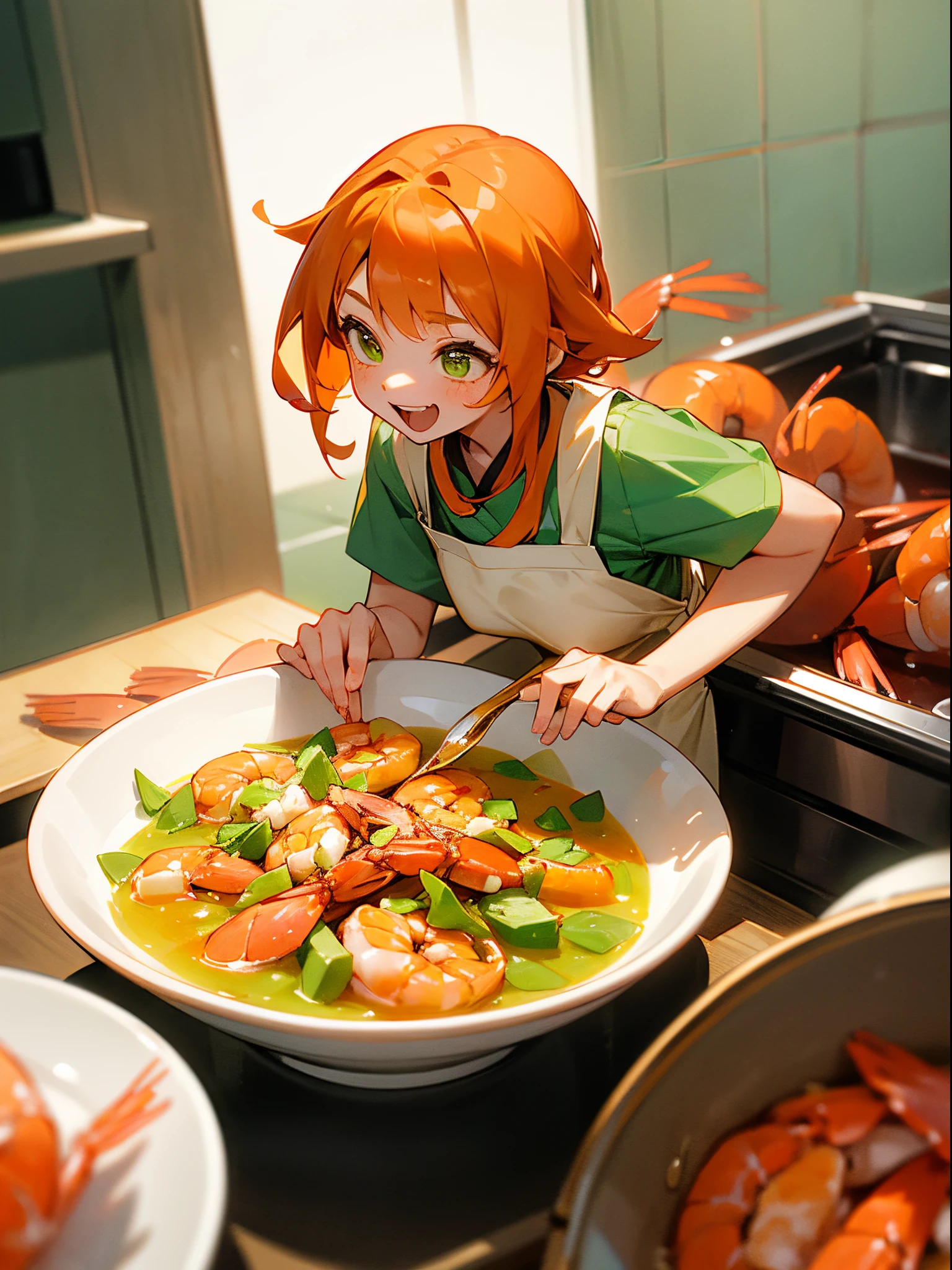 (1girl in、独奏、Competing Art、Orange hair、large round green eyes、Laugh、Cooking in the kitchen、Cooking shrimp on a plate)