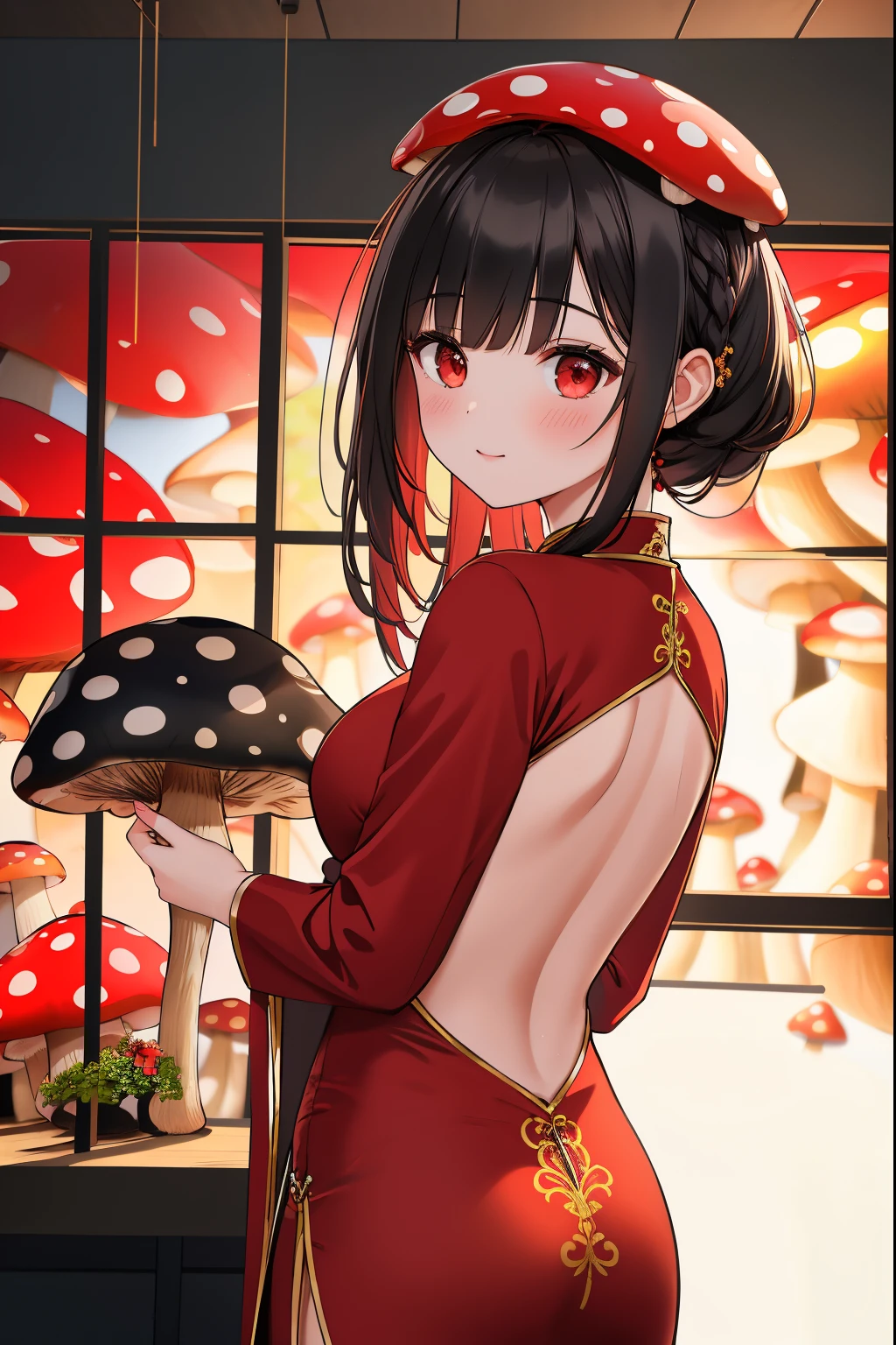 1 girl, backless cheongsam, buttocks, living room, window view, (mushroom on head:1.3), [oil painting], [ultra-detailed], (best quality,4k,8k,highres,masterpiece:1.2), (realistic,photorealistic,photo-realistic:1.37), vivid colors, sharp focus, [bokeh], [studio lighting], [physically-based rendering], [extreme detail description], [professional], [portraits], [horror], [concept artists], [red and gold color palette], [soft natural lighting]
