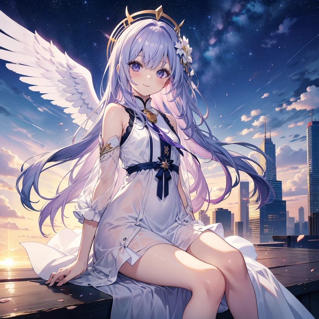 Anime,masterpiece,(bestquality),highlydetailed,ultra-detailed,purple hair:1.5),1 boy，Full Length Shot(FLeautiful Boyeautiful face, cute expression), (, charming), (Broken hair)，（Handsome hairstyle),（Whole body diagram）,（Women's clothing), Beautiful anime angel girl sitting on the roof of a skyscraper looking into the distance not on cameraman, clear sky, maximalist art, smile without teeth, clouds, line drawing, white dress, no sense of light, small head, beautiful composition, healing, in the distance is a city of skyscrapers, silver and long hair, wings, 8k, smile without teeth, sunset and stars in the sky, in anime manhwa style, stargazing, traditional angel wearing