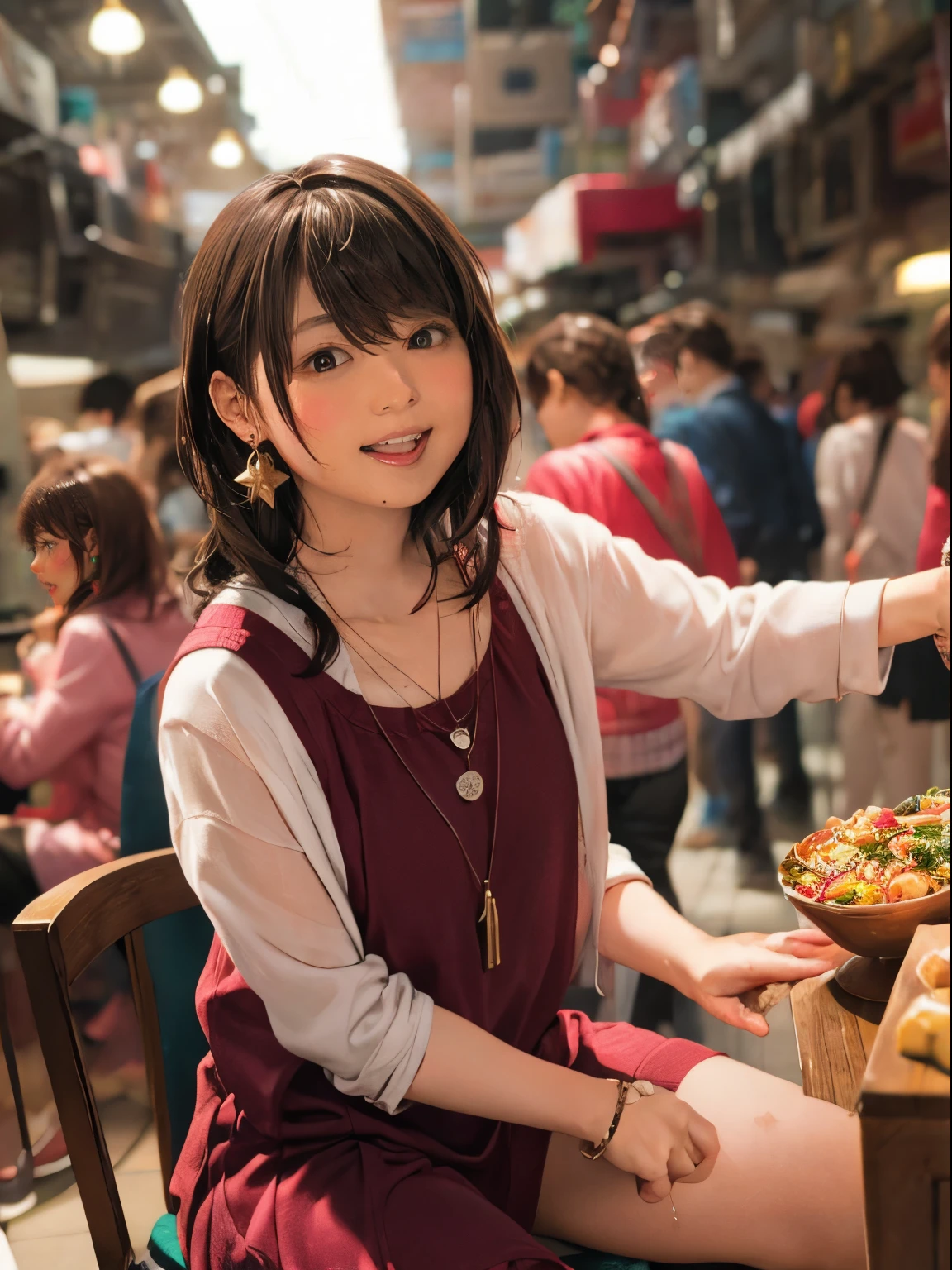 a women, ((blush)), ecstasy face, temptation, earrings,  necklace, climbing and straddling to hit her wet cute panties on the corner of the table, open legs, raise leg, open mouth, ((masturbation)), ceiling, place where many people, (anime background), food festival,fluffy, knit,