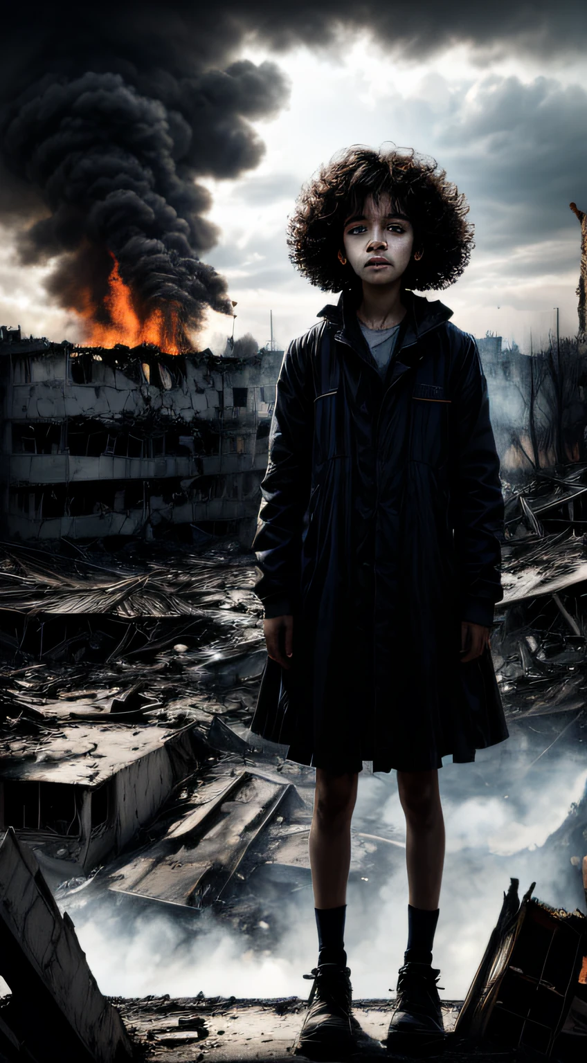 A surreal depiction of a , sentado tristemente, na dor, (olhos lacrimejantes, Camera-focused face), A sense of clutter, um palestino, curly hair, Rosto empoeirado e tecido, (A city in the background destroyed by fire, Human bodies on the ground, algumas pessoas chorando, Demolished buildings), ultra-detalhado, cores vibrantes, sombras pretas e cinzas, Imagens altamente emocionais, surrounded by swirling black smoke against a dark, fundo assombroso. A imagem deve estar em um cativante 16:formato 9.