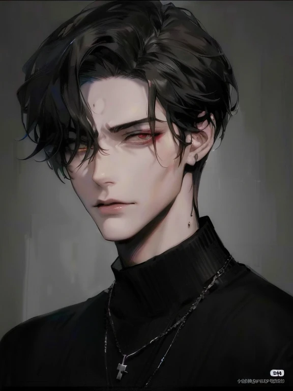 a close up of a person with a black shirt and a necklace, handsome guy in demon slayer art, inspired by Yanjun Cheng, artwork in the style of guweiz, male anime style, delicate androgynous prince, high quality portrait, realistic anime artstyle, anime realism style, male anime character, digital anime illustration, beautiful androgynous prince
