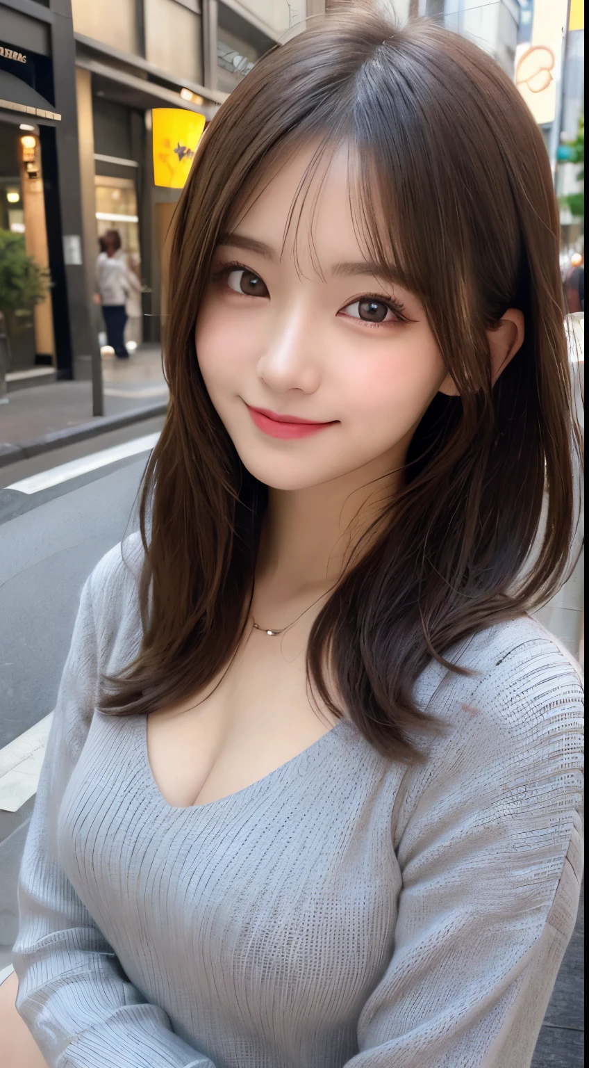 masutepiece, Best Quality, Illustration, Ultra-detailed, finely detail, hight resolution, 8K Wallpaper, Perfect dynamic composition, Beautiful detailed eyes, gray long sleeve knit dress,Straight hair,Small breasts natural color lip, Randomly sexy poses,Smile,Harajuku、20 years girl、Cute、Sexy shot looking at camera,Perfect and beautiful face