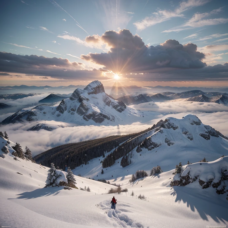 Cinematography, Concept art, Masterpiece, Wide-angle perspective, S-shaped composition, Painting a mountain landscape from close to distant in a cinematic vision, with different levels, Crisp high and low, A distant sunset at the top of a snowy mountain, HD-текстура, Distant layered snowy mountains, white clouds,