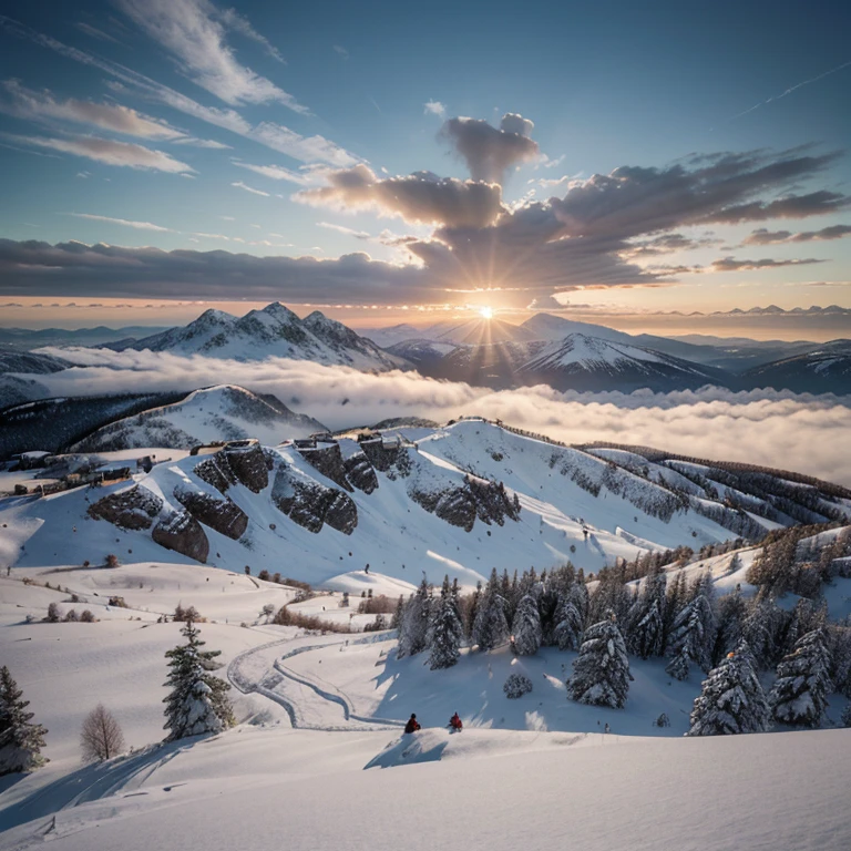 Cinematography, Concept art, Masterpiece, Wide-angle perspective, S-shaped composition, Painting a mountain landscape from close to distant in a cinematic vision, with different levels, Crisp high and low, A distant sunset at the top of a snowy mountain, HD-текстура, Distant layered snowy mountains, white clouds,