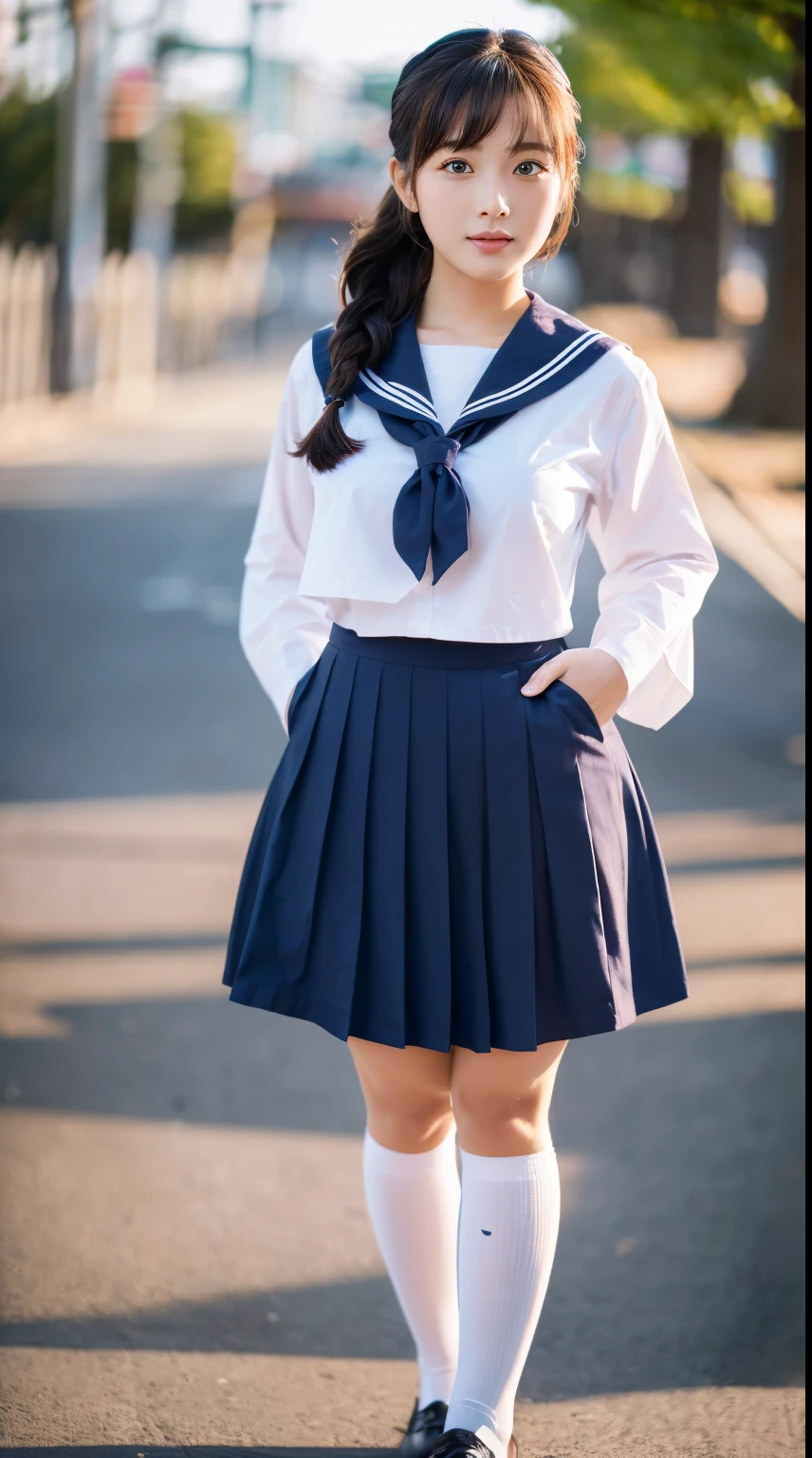 (Masterpiece,High Quality:1.3),(depth of field:1.3) ,((front body:1.35)), Japanese ,Girl,chignon,sailor uniform,long skirt,huge breasts,voluptuous,(looking at viewer:1.3), (full body shot:1.2),