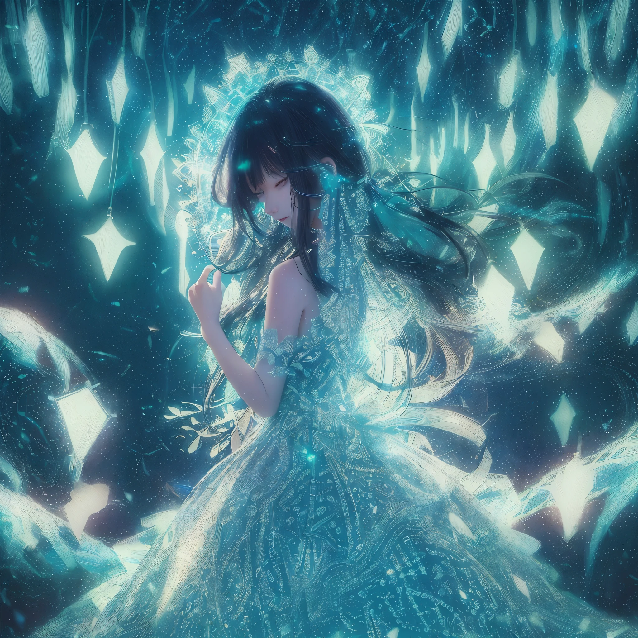 ((((ultra illustrated style:1.0)))),best quality,best animated,masterpiece,ray tracing, global illumination,blue theme, 1girl, solo, dress, glowing, fantasy, long hair, light particles, silhouette, magic, black background, scenery