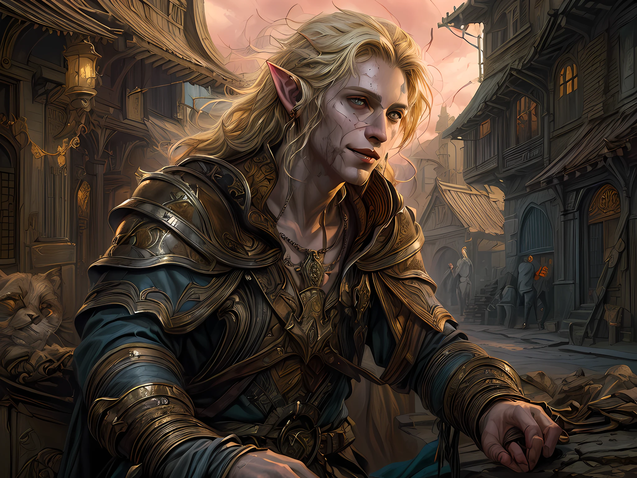 dark fantasy art, dnd art, dark RPG art, wide shot, (masterpiece:1.3), magv1ll,  half elf bard in a fantasy street, full body, intense details, highly detailed, photorealistic, best quality, highres, portrait of 1(male: 1.4) half elf (fantasy art, Masterpiece, best quality: 1half elf, male, thin, pale skin, (dirt on face: 1.2), intense details facial detail (gritty fantasy art, Masterpiece, best quality: 1.4) bard, exquisite beauty, (blond hair: 1.3), (smirking in arrogance: 1.2), (dirt on face: 1.3), (grime on face: 1.3) (small pointed ears: 1.3), intense azure eyeantasy art,  Masterpiece, best quality: 1.3) holding a (small lyre: 1.4) (fantasy art, Masterpiece, best quality: 1.4) wearing heavy (heavy armor, wearing) CM-Beautiful_armor,  wearing leather boots, wearing a cloak, a sword slung on his back (fantasy art, Masterpiece, best quality: 1.3), smiling an arrogant smile, standing in gritty fantasy street, there are (dark red clouds: 1.3) , (dark yellows clouds: 1.3) above, sense of gloom, sense of dread, depth of field, reflection light, high details, best quality, 16k, [ultra detailed], masterpiece, best quality, (extremely detailed), dynamic angle, ultra wide shot, photorealistic, RAW, fantasy art, dnd art, fantasy art, realistic art