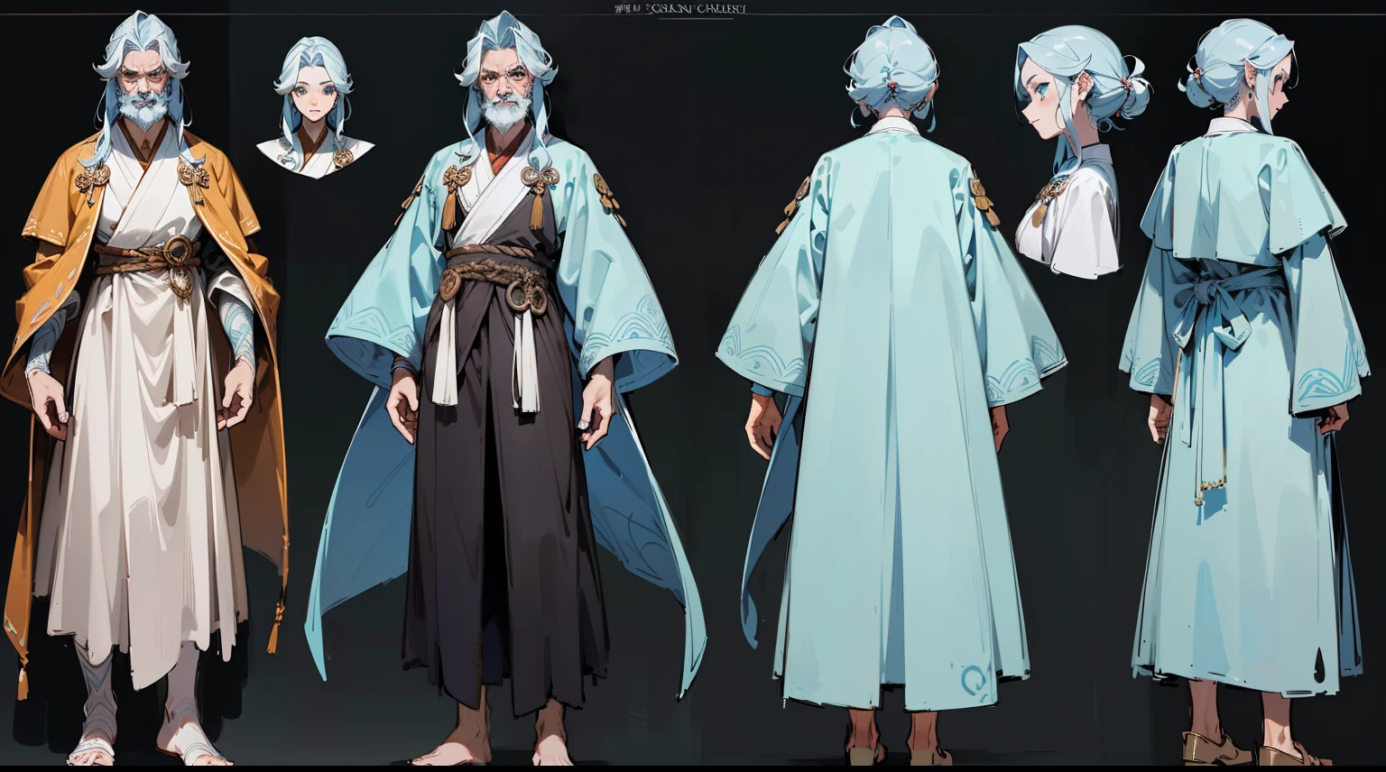 (a((masterpiece)),(((best quality))),(character design sheet,same character,front,side,back)1man, reference sheet, (character design, front, back, side) average height, green eyes. brown neatly combed hair, long beard. long, flowing robe made of dark blue silk, adorned with intricate silver runes. Carrying staff carved from ancient oak, etched with arcane symbols. full body character concept art, full body character concept, human game protagonist designs, new costume concept design