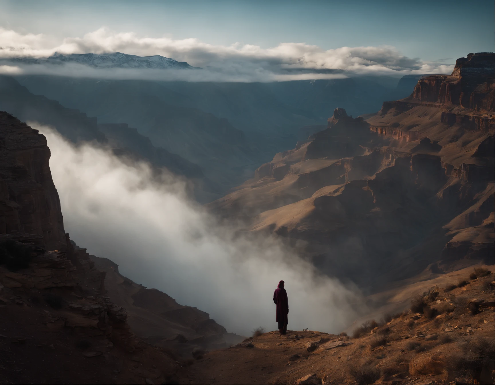 A mesmerizing image of an ethereal, violet luminous sorcerer | Floating gracefully above a serene morning canyon | Evoking a sense of power and the limitless potential of the spirit | Sharp professional UHD shot