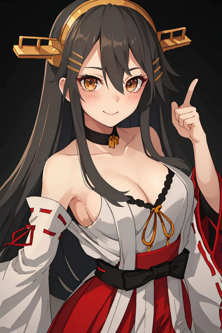 Front view, contrapposto, full body shot, 
break 
solo, haruna_kantaicollection, black_hair, long_hair, hair_ornament, hairband, brown_eyes, hairclip, blush, smile, headgear, large breasts, nontraditional_miko, hair_between_eyes
break
best quality, masterpiece, highres, 8K, Ultra-detailed, Super Resolution, Extremely Detailed and Beautiful, Extremely detailed, amazing and detailed, highly detailed beautiful girl, highly detailed face, highly detailed eyes, highly detailed skin, highly detailed fingers, highly detailed nose, very detailed detailed mouth , perfect anatomy