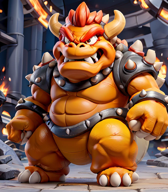 BOWSER WITH A FIRE ARMOR THAT COVERS HIS ENTIRE BODY WITH A HAMMER