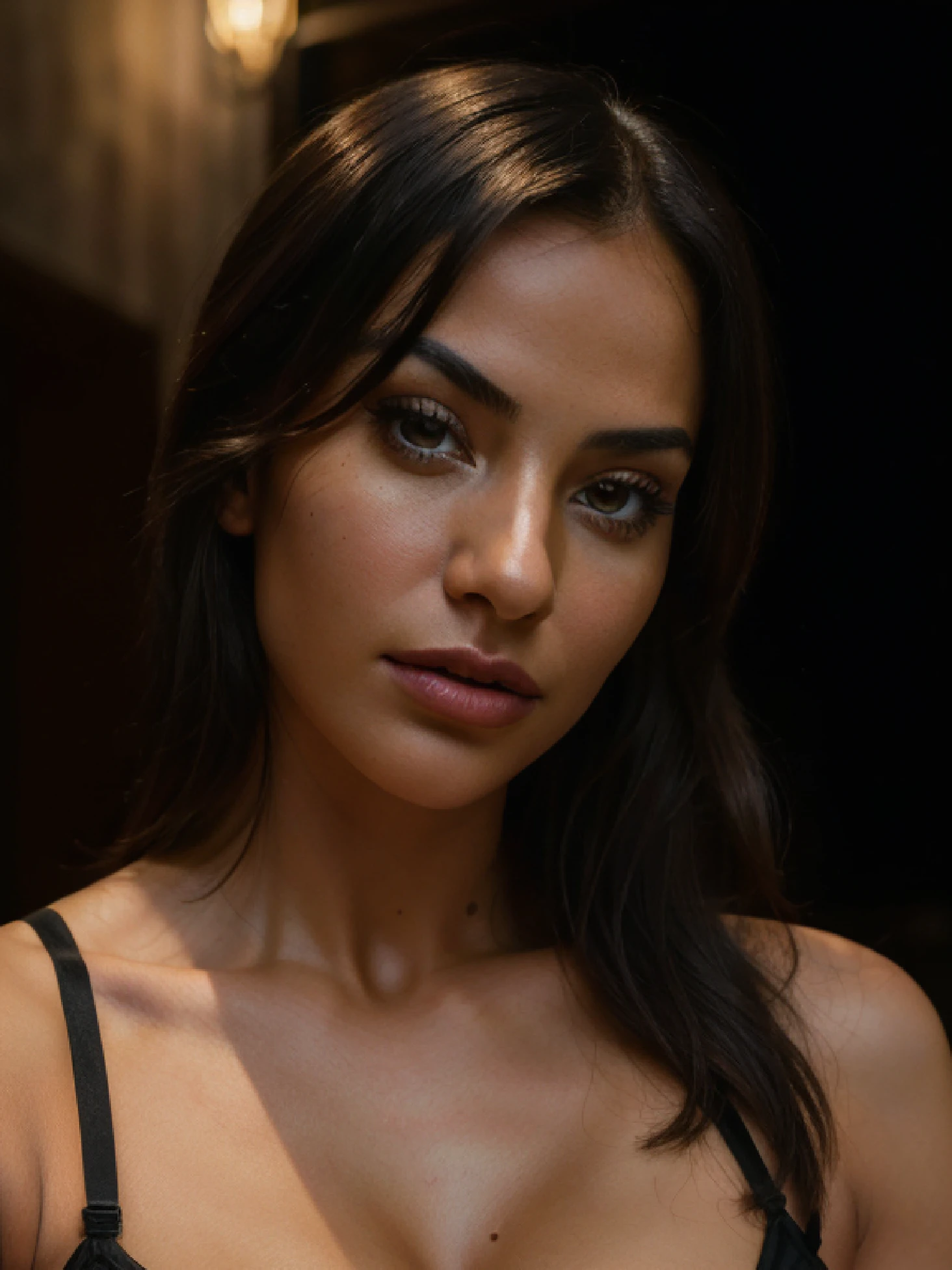 Absurd resolution, high resolution, (masterpiece: 1.4), hyper-detail, hyper-realistic, beautiful araffed woman sexy naked, angry, rage, night, light portrait, Instagram model, cleavage, beautiful latin face, beautiful body and face, beautiful woman, beautiful and detailed body and face, beautiful face and figure, natural makeup, photorealistic, RAW, skin texture, film grain, best shadow, selfie, 55mm, ultra HD, film grain
