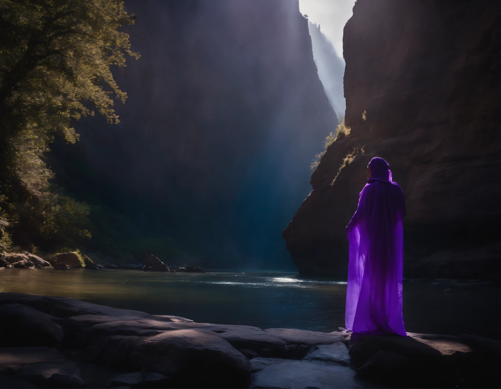 A mesmerizing image of an ethereal, violet luminous sorcerer | Floating gracefully above a serene morning canyon | Evoking a sense of power and the limitless potential of the spirit | Sharp professional UHD shot