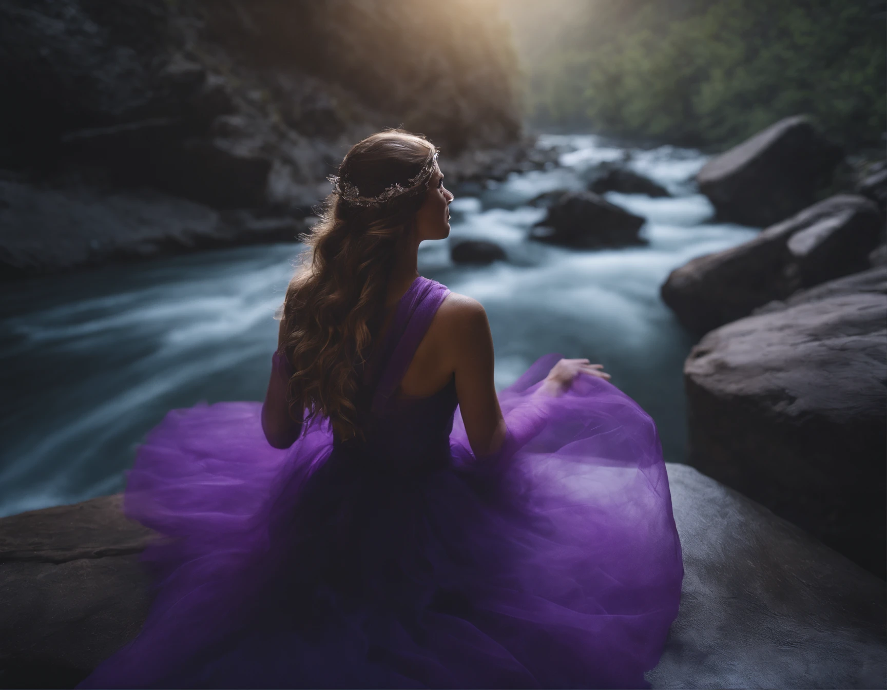 Arafed woman in purple dress sitting on rock near river - SeaArt AI