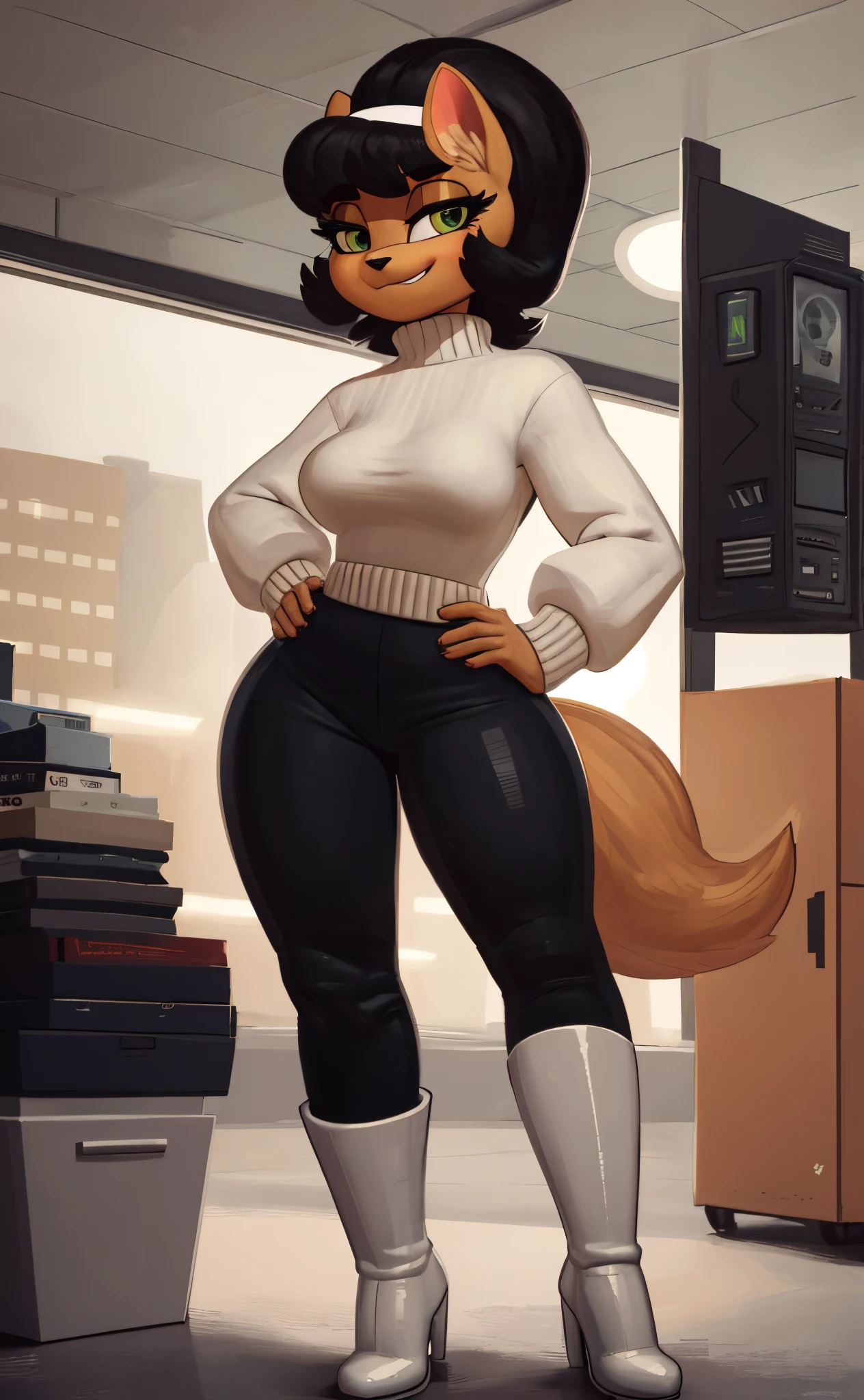 [kitty katswell], [Uploaded to e621.net; (Pixelsketcher), (wamudraws)} ((masterpiece)), ((high res)), ((HD)), ((solo portrait)), ((full body)), ((front view)), ((furry; anthro)), ((detailed fur)), ((detailed shading)), ((beautiful render art)), ((intricate details)), {anthro; (slim figure), (beige fur), black nose, (cute green eyes), (long eyelashes), short black hair, (long fluffy tail), (small boobs), (gorgeous hips), (thick thighs), (beautiful legs), (blushing), (smug grin)}, {(white turtleneck sweater), (tight black pants), (white hairband), (white boots), (heels)}, {(standing), (hand on hip), (looking at viewer)}, [background; (office), (cubicle), (window), (sun rays), (computer)]