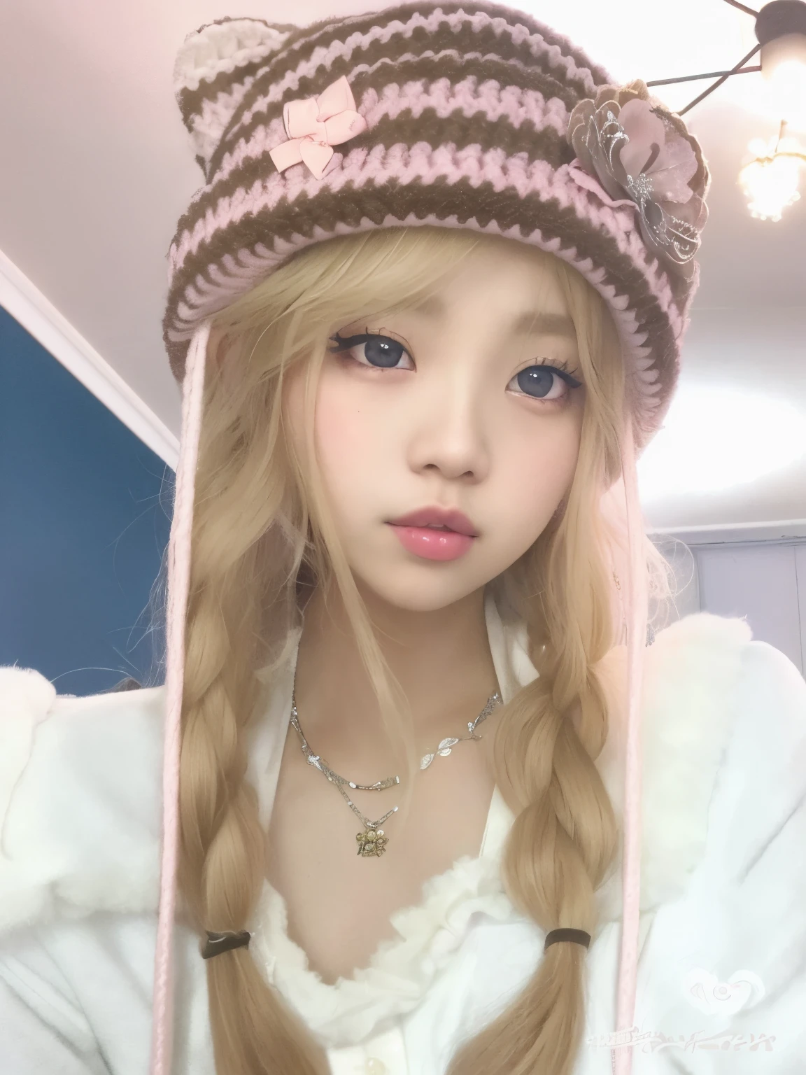 there a long haired girl with a hat and a pink bow, Retrato realista kawaii, ulzzang, Hermosa Delphine, Cabello largo y rubio y ojos grandes, cabello rubio y ojos grandes, Lalisa Manobal, Linda chica kawaii, muy hermosa linda catgirl, Linda cara de anime natural, Cabello largo y rubio y ojos grandes, Lalisa Manoban de Blackpink