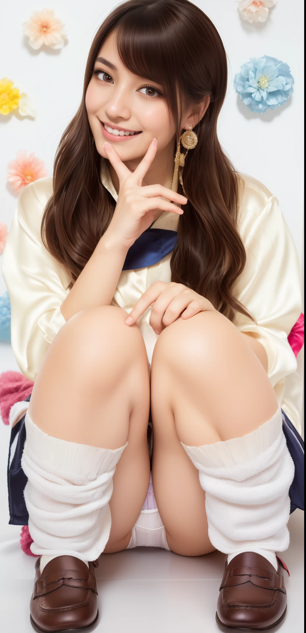 (looking at viewer:1.3),(big smile:1.2),(happy smile:1.1),(extremely beautiful face:1.3),(big eyes:1.3),(double eyelids:1.3),(very long silky hair:1.3),(long eyelashes:1.2), beautiful lips, beautiful eyes, beautiful teeth:1.2),(sexy panties:1.15),(realistic silk panties:1.3),(white panties:1.2),,(17 year old girl:1.2),32K,masterpiece, Raw photo, (detailed fingers:1.2),Best Quality, photorealistic, highly detailed CG Unity 32K wallpaper, intricate detailed face, (Ultra detailed skin:1.2) super idol, clear eyes, thick thighs, drooping eyes, Japanese school uniform, brown loafers, loose socks,