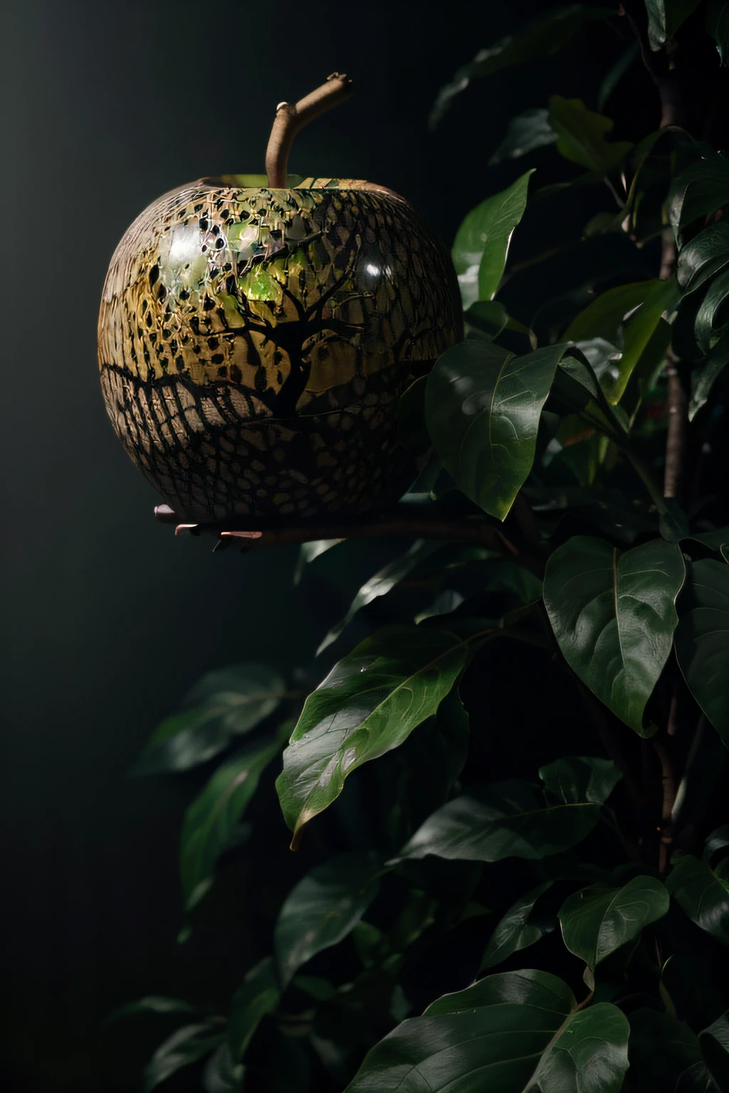 selva, mistborn, a black tree, a shiny golden apple on the tree, a snake on the trunk of the black tree next to the golden apple. (best quality, 8k,Altas,master part:1.2),ultra-detalhado,Realistic:1.37, HDR, vivid colors, tons de cores frias, low lighting.