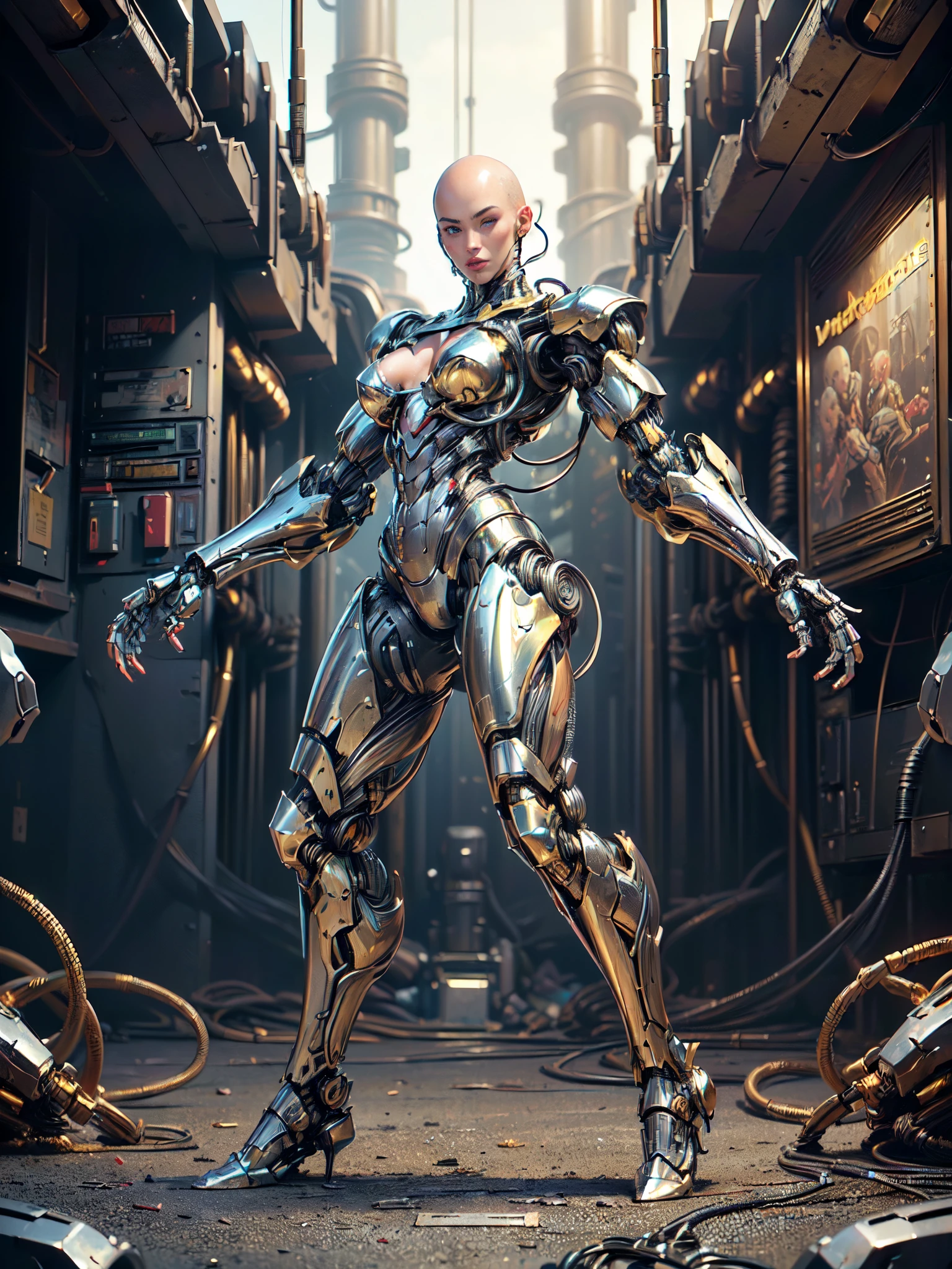 (beautiful muscular female cyborg:1.25), (megan-fox:1.5), (full body pose), (metallic muscular armor:1.5), (no hair), (bald head covered in cables:1.5), (robotic mechanical physique:1.5), (super muscular female cyborg:1.5), (covered in cables and mechanical muscles:1.5), (android muscular anatomy:1.5), (perfect fingers:1.25),(8k, RAW photo, photorealistic:1.25), sci fi atmosphere, futuristic dystopia, alien landscape,