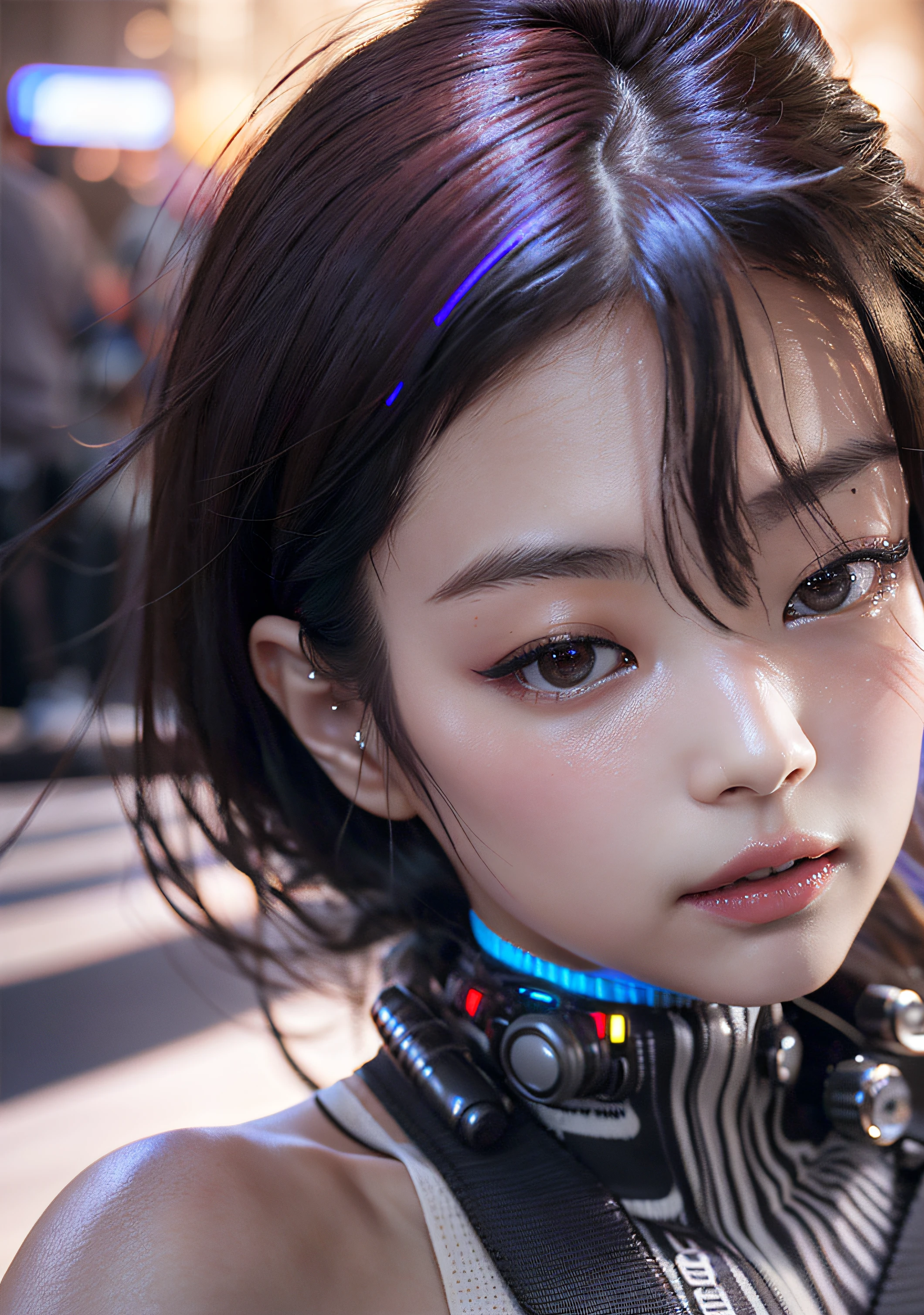 analog style, model shoot style, photo ((selfie:1.8)) of a girl, 1girl, (cyberpunk:1.8, cyberpunk city background:1.8), ((cutest face: 1.8, perfect face:1.3)), (long multicolored hair:1.4, pale skin:1.5),
(from above:1.2), best quality, epic (by lee jeffries photo, sony a7, 50 mm, pores:1.5, colors, hyperdetailed:1.5, film grain:1.4,
hyperrealistic: 1.5), hyper-realistic lifelike texture, masterpiece, unreal engine 5, Extremely detailed CG unity 8k wallpaper, realistic eyes,
Madly detailed photo, (ecstasy of light and shadow, deep shadow), (Winner of the Pulitzer Prize for Photography and Taylor Wessing Photographic Prize) Jennie Kim, sexy pose, whole body,