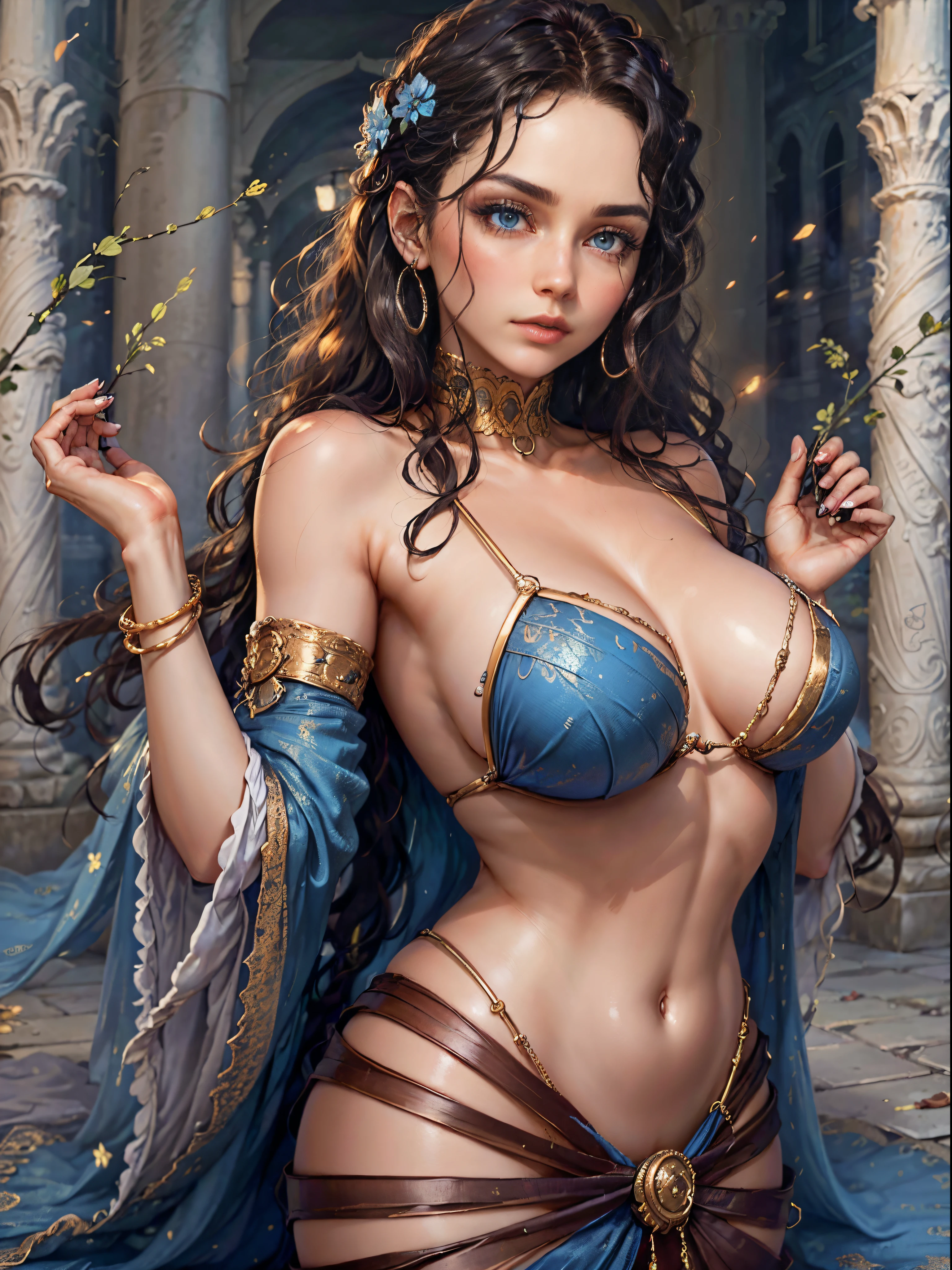 ((8k, HDR, Full body, entire figure, Beautiful European girl 20 years old, round face, closeup, slim body, intense blue electric eyes, detailed eyes, black hair, very long hair, Perfect proportions, gigantic breast, dynamic pose)), ((Masterpiece, highest best quality, realistic photos, ultra-detailed, ultra-intricated)), (movie lighting, complex), Transport yourself to the serene beauty of an ancient Indian temple, where a stunning brunette with flowing chestnut locks and intense blue eyes stands gracefully. Cloaked in a floral dress, baring her shoulders, she gazes towards the observer. Capture the essence of this moment in a captivating artwork