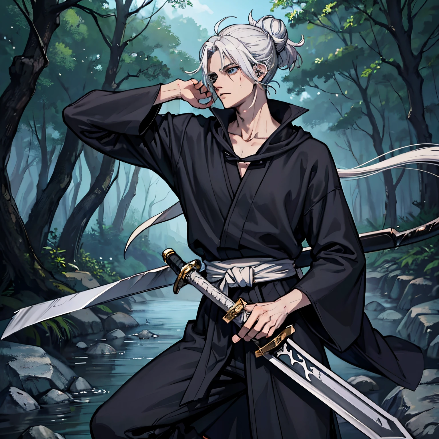Male, anime art style, kentaro miura style, vagabond style, loose black baggy robes, man bun, white hair , clear eyes, confidence, cinematic, relaxed pose , blue eyes , amidst forest, sword strapped in waist, masterpiece, color palette dominated with dark color, good lighting and shadows details, ultra high quality, profile side pose, upto waist