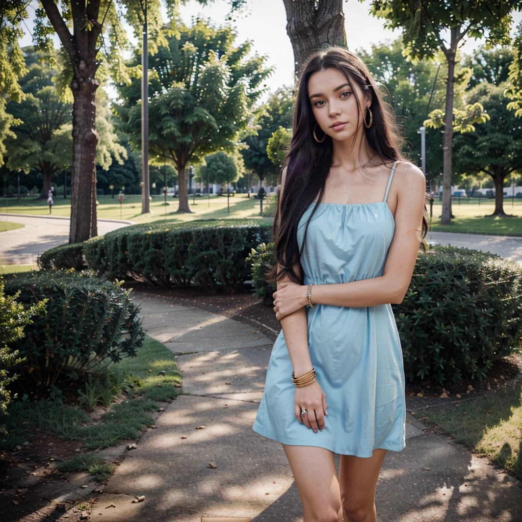 ((only one girl)), ((one girl)), Hanna, a 21 year old girl, 1.70 meters tall, weighs 49 kg, has very long and straight dark purple hair, has big green eyes, wears gold earrings and bracelets , always has a smartwatch on wrist, standing in the park, hugging a tree, wearing a light blue dress, ((hands on legs)), ultra realistic style, (seed 3978045937)
