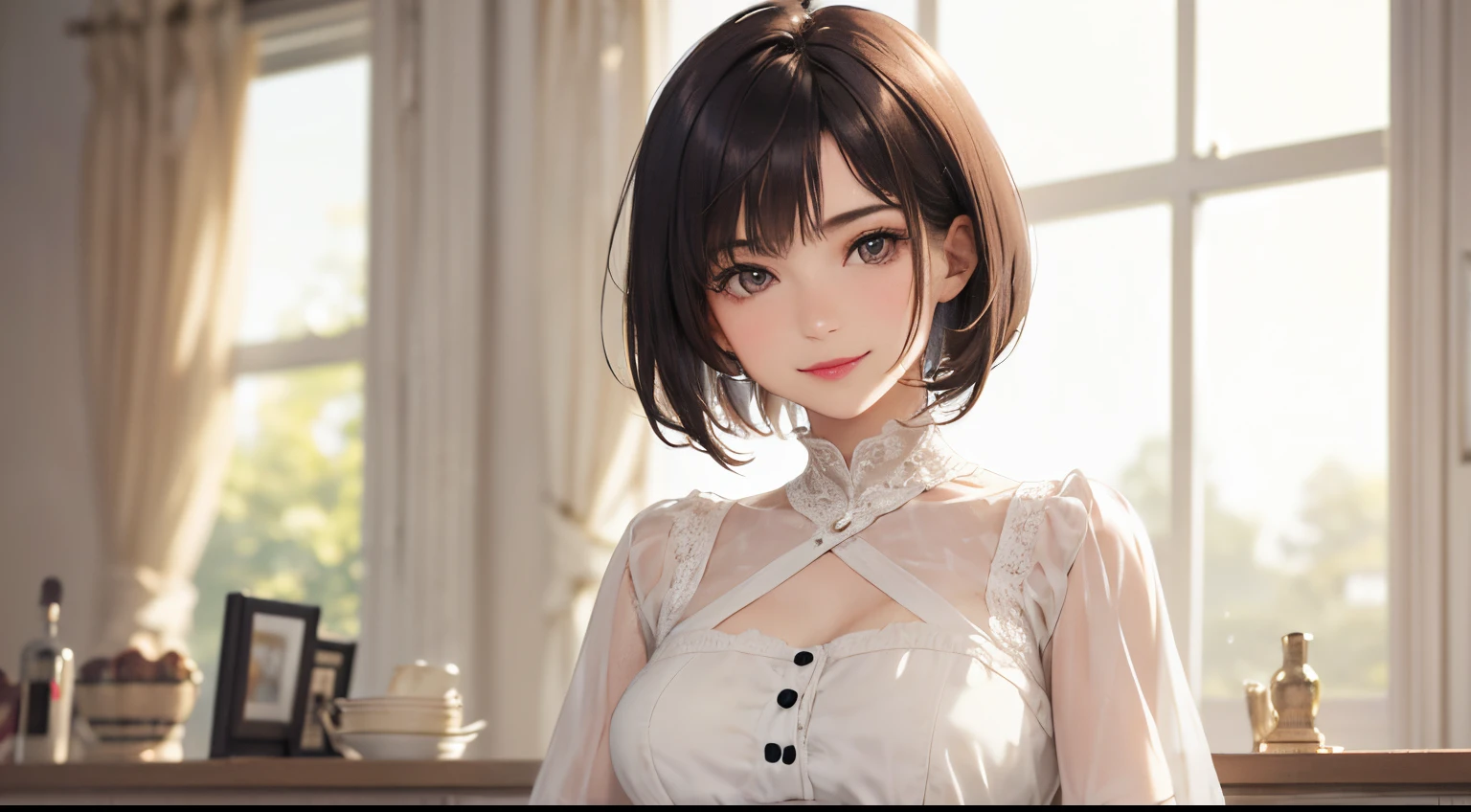 128
(a 20 yo woman, Standing), (A hyper-realistic), (high-level image quality), ((beautiful hairstyle 46)), ((short-hair:1.46)), (Gentle smile), (breasted:1.1), (lipsticks), (Large room), (Depth of field is deep), (Painterly)
