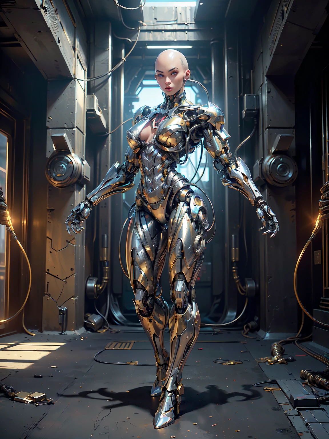 (beautiful muscular female cyborg:1.25), (megan-fox:1.5), (full body pose), (metallic muscular armor:1.5), (no hair), (bald head covered in cables:1.5), (robotic mechanical physique:1.5), (super muscular female cyborg:1.5), (covered in cables and mechanical muscles:1.5), (android muscular anatomy:1.5), (perfect fingers:1.25),(8k, RAW photo, photorealistic:1.25), sci fi atmosphere, futuristic dystopia, alien landscape,