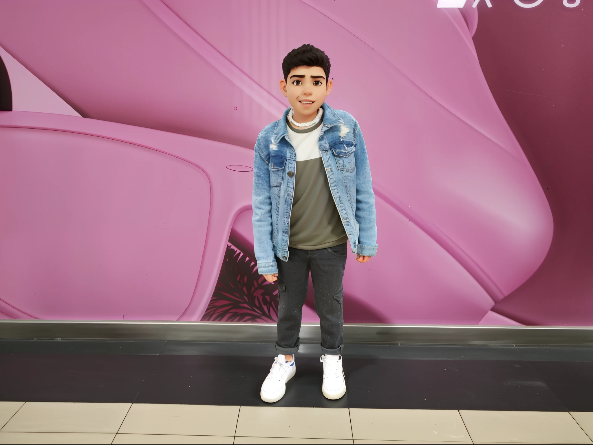 arafed boy standing in front of a pink wall with a big flower, en un centro comercial, aparecer en un centro comercial, en un centro comercial, Imagen de cuerpo entero, Riyahd Cassiem, vestido casualmente, Vestido casualmente, Usar ropa casual, De pie en un supermercado, Director de Ene, Usar ropa casual, pose casual, asher duran, Estilo Mohamed Chahin