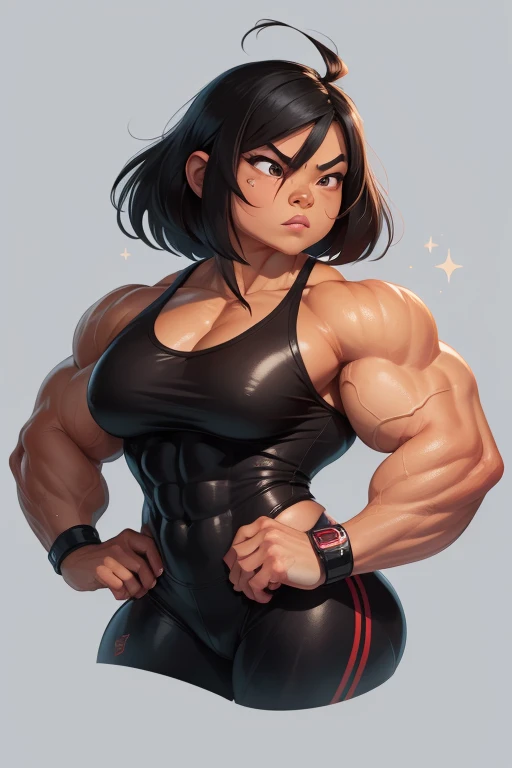 a striking Asian muscle woman with an imposing presence with facial features that are bold and determined, complemented by intense eyes that reflect both confidence and a hint of mischief. flexing muscles wearing red muscle shirt and black short shorts, her hair straight, jet-black flowing down her back, adding to the dynamic aura she carries, muscle woman, big muscles, huge muscles, massive muscles, muscle girl, light skin,