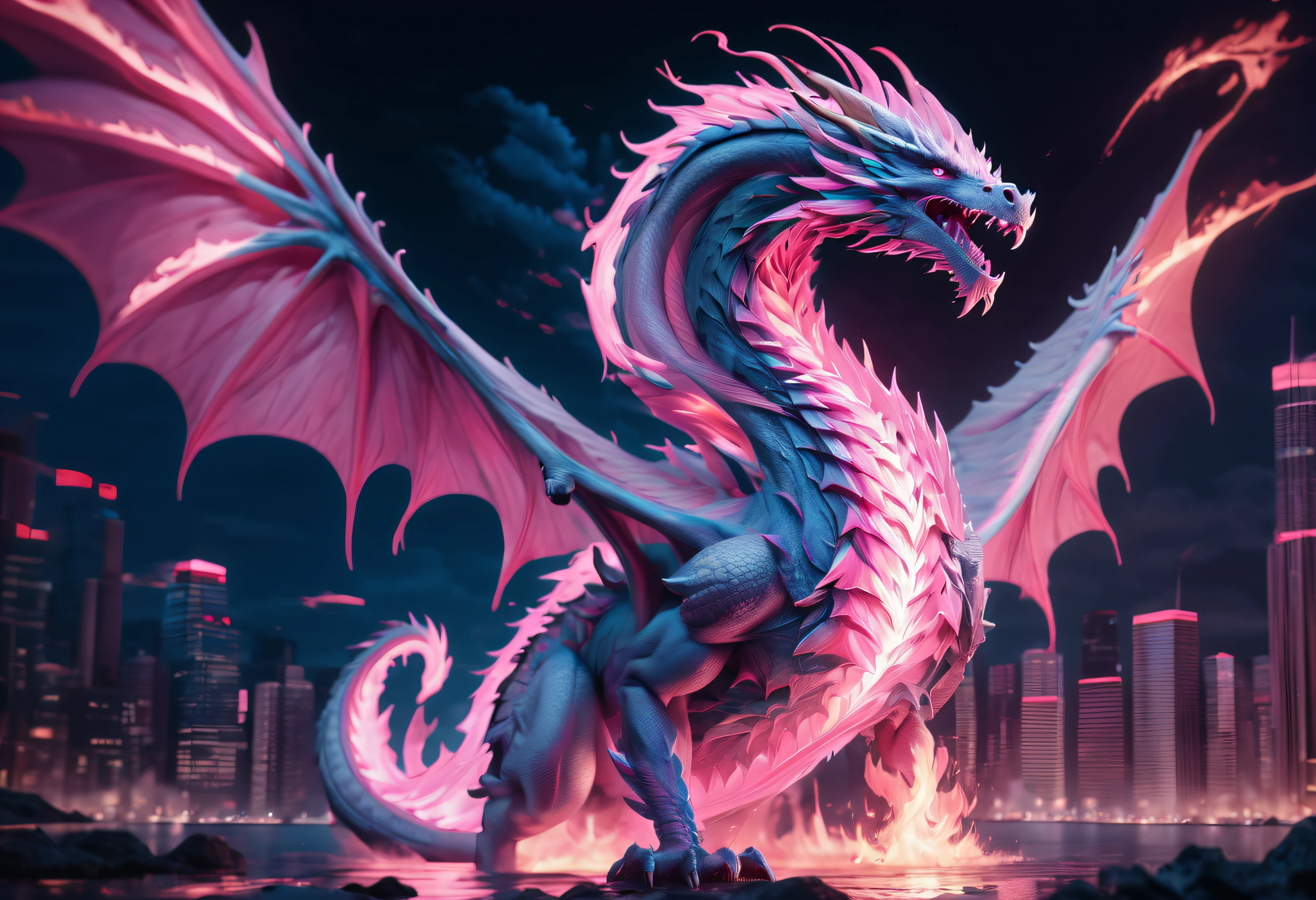 Dragoned, Concept art with 16k resolution, Rosto altamente detalhado, olhos altamente detalhados, Cityscape, arte splash intrincadamente detalhada, dynamic lighting, cinemactic, Sombreamento 3D, perfeito, liso, cor profunda, natural lighting, Beautiful Composition A white dragon with pink details, Asas Abertas, focus on the entire body and pink flames coming out of your mouth towards the glow, clear blue sky,chamas rosa,Chamas na cor rosa emanando de sua boca.Chamas na cor rosa emanando de sua boca.Chamas na cor rosa emanando de sua boca.Chamas na cor rosa emanando de sua boca.Chamas na cor rosa emanando de sua boca.